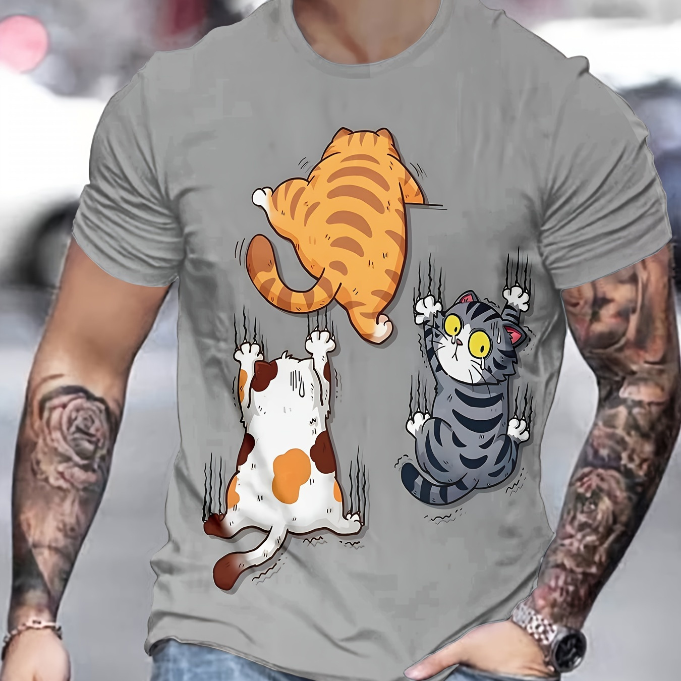 

Men's Cats Graphic Print T-shirt, Short Sleeve Crew Neck Tee, Men's Clothing For Summer Outdoor