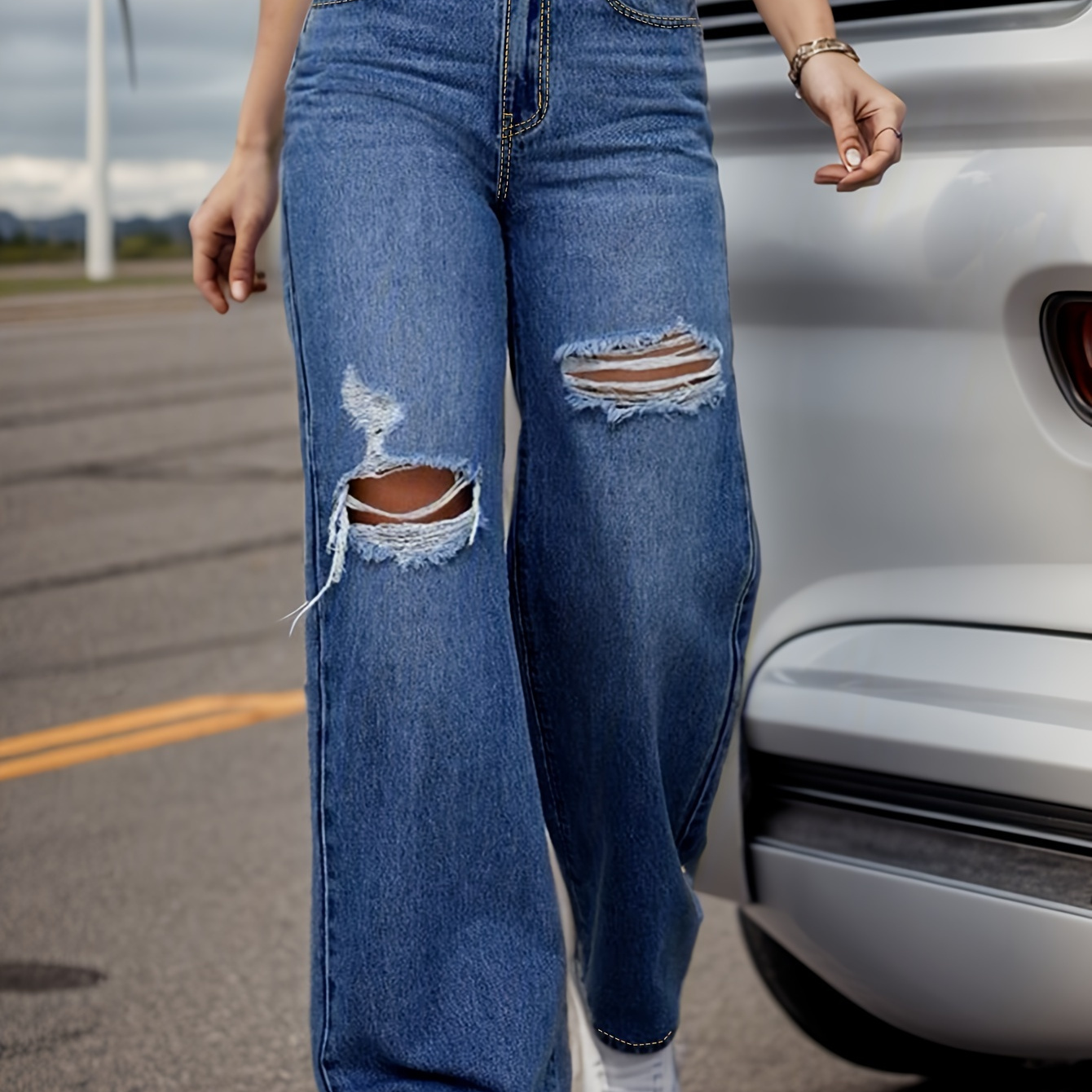 Ripped Holes Casual Baggy Jeans, Loose Fit High Waist Wide Legs Jeans,  Women's Denim Jeans & Clothing