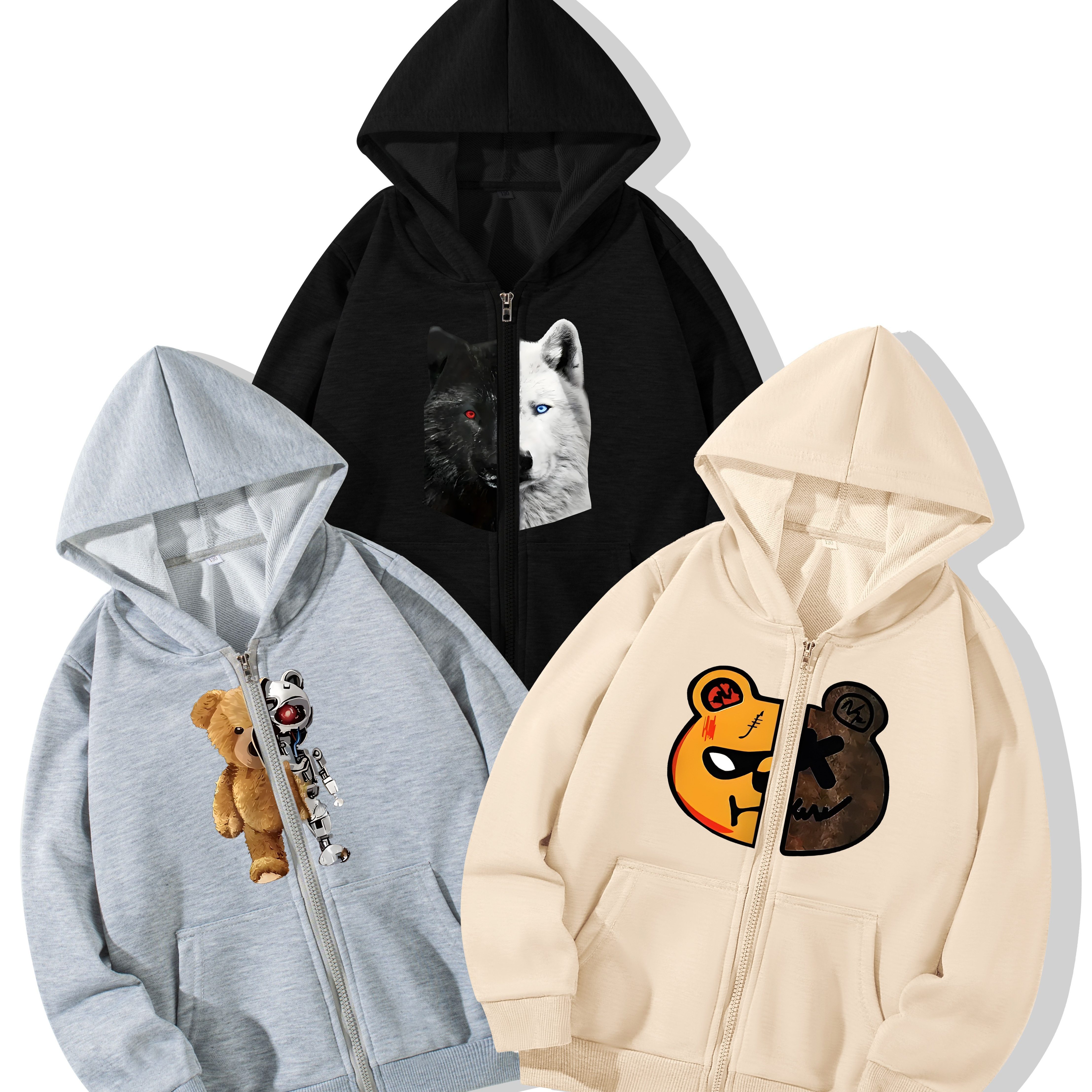 

3pcs Boys/ Girls Bear & Wolf Print Casual Zip Up Hoodies, Pockets Front Loose Active Jacket For Outdoor Holiday