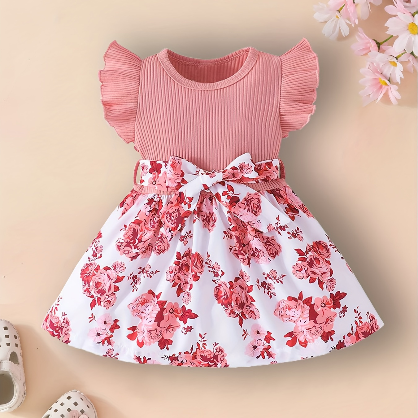 

Baby's Floral Pattern Cute Cap Sleeve Dress, Baby Girl's Comfortable Summer Clothing