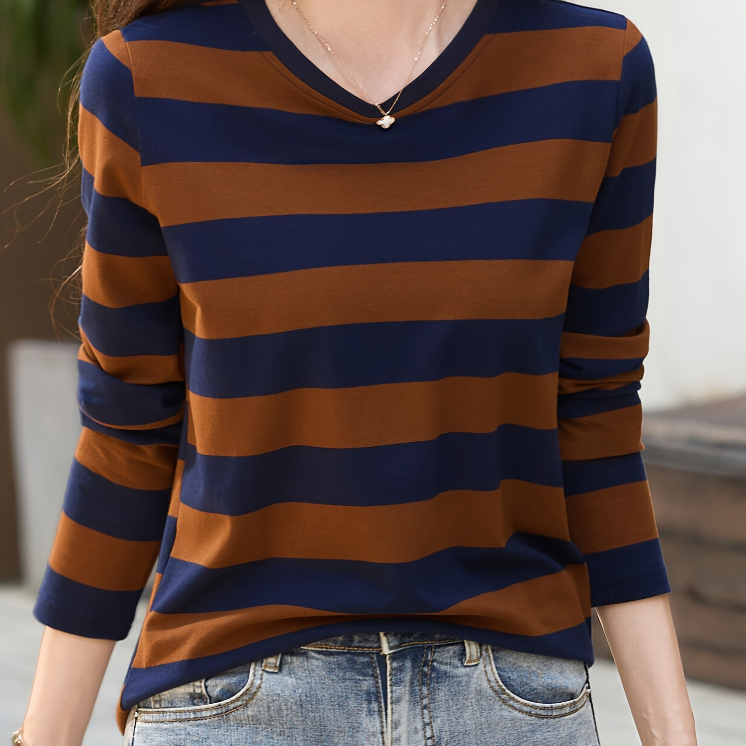 

Women's Casual Striped V-neck T-shirt, Cotton Blend, , Knitted Stretch Fabric, Regular Length, Long Sleeves, Spring/autumn Season, Fashion Top