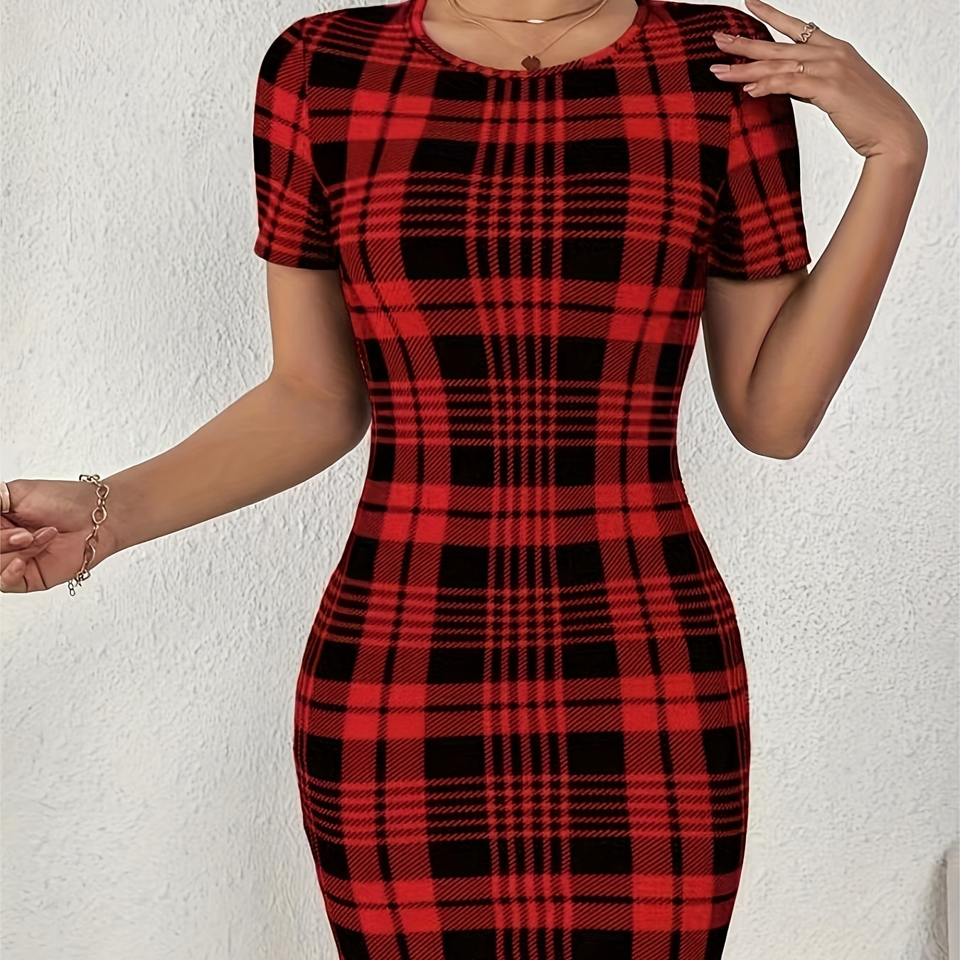 

Plaid Print Bodycon Dress, Elegant Short Sleeve Crew Neck Dress, Women's Clothing