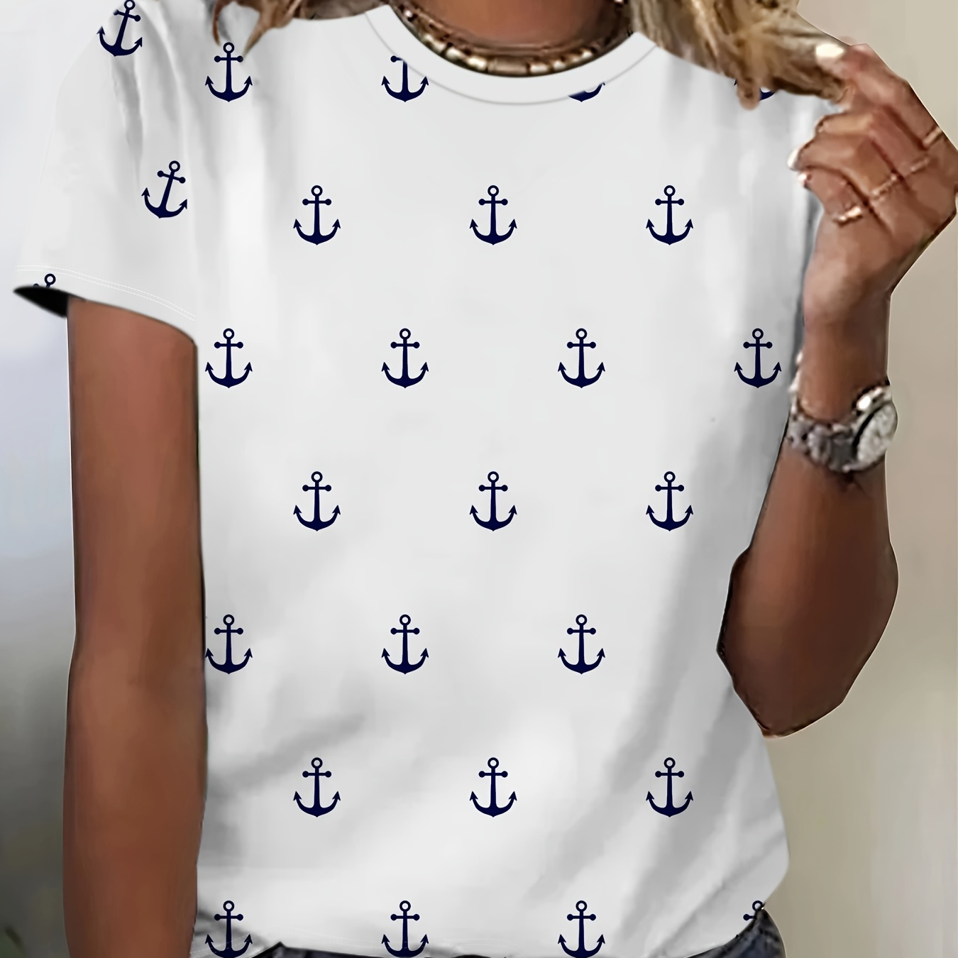 

Anchor Print T-shirt, Short Sleeve Crew Neck Leisure T-shirt For Spring & Summer, Women's Clothing