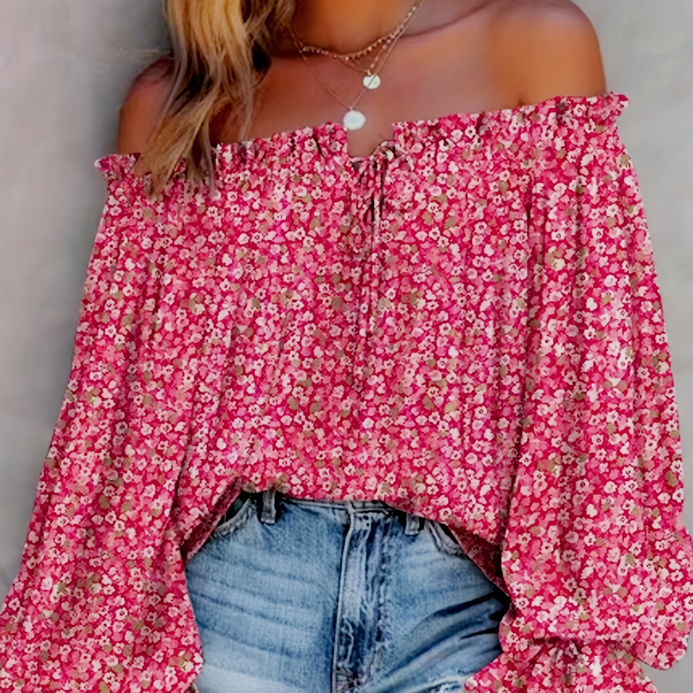 

Ditsy Floral Print Blouse, Sexy Off Shoulder Lettuce Trim Long Sleeve Blouse, Women's Clothing