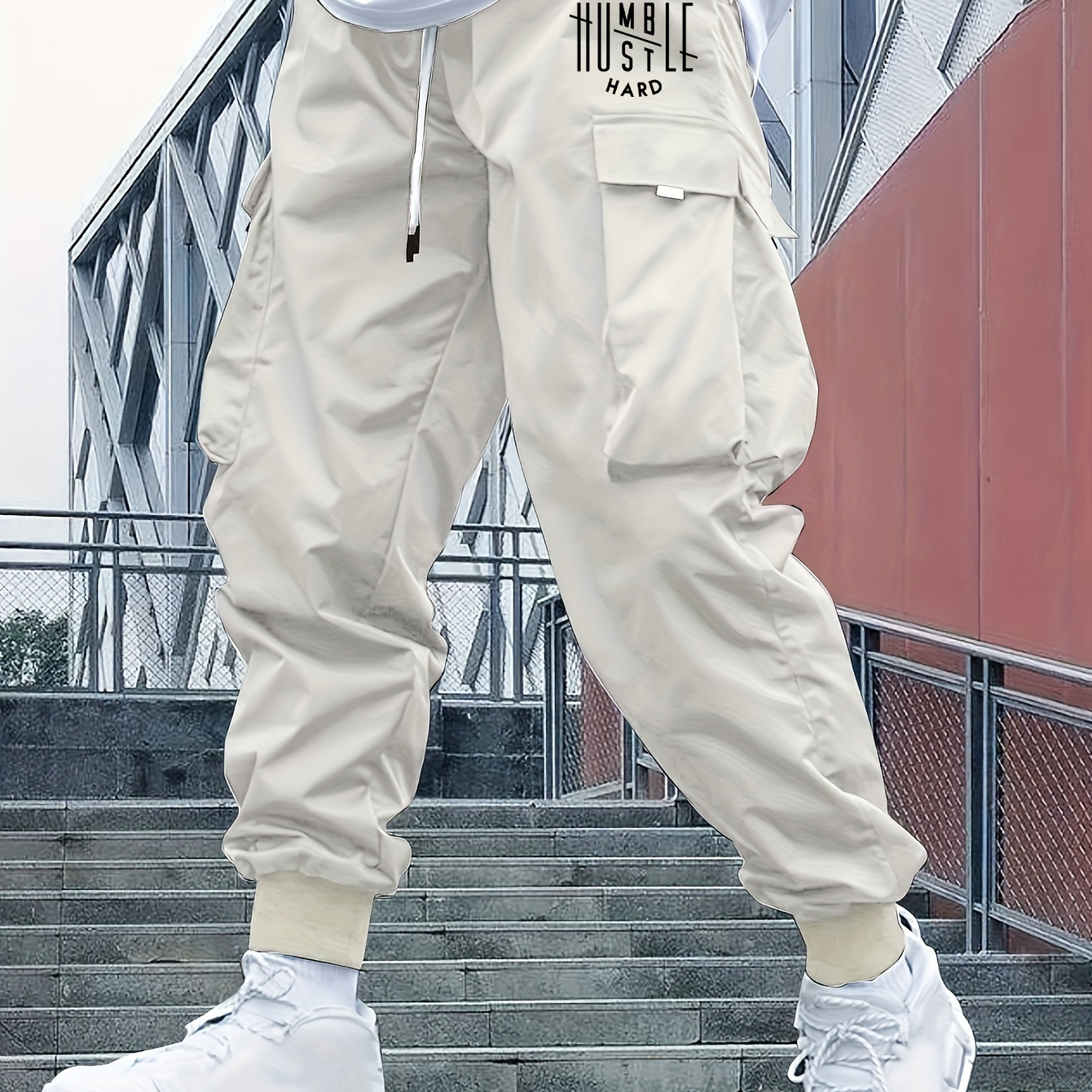 

Men's Letter Print Loose Fit Cuffed Cargo Pants With Drawstring And Flap Pockets, Versatile And Comfy For Sports Wear And Outdoors Activities