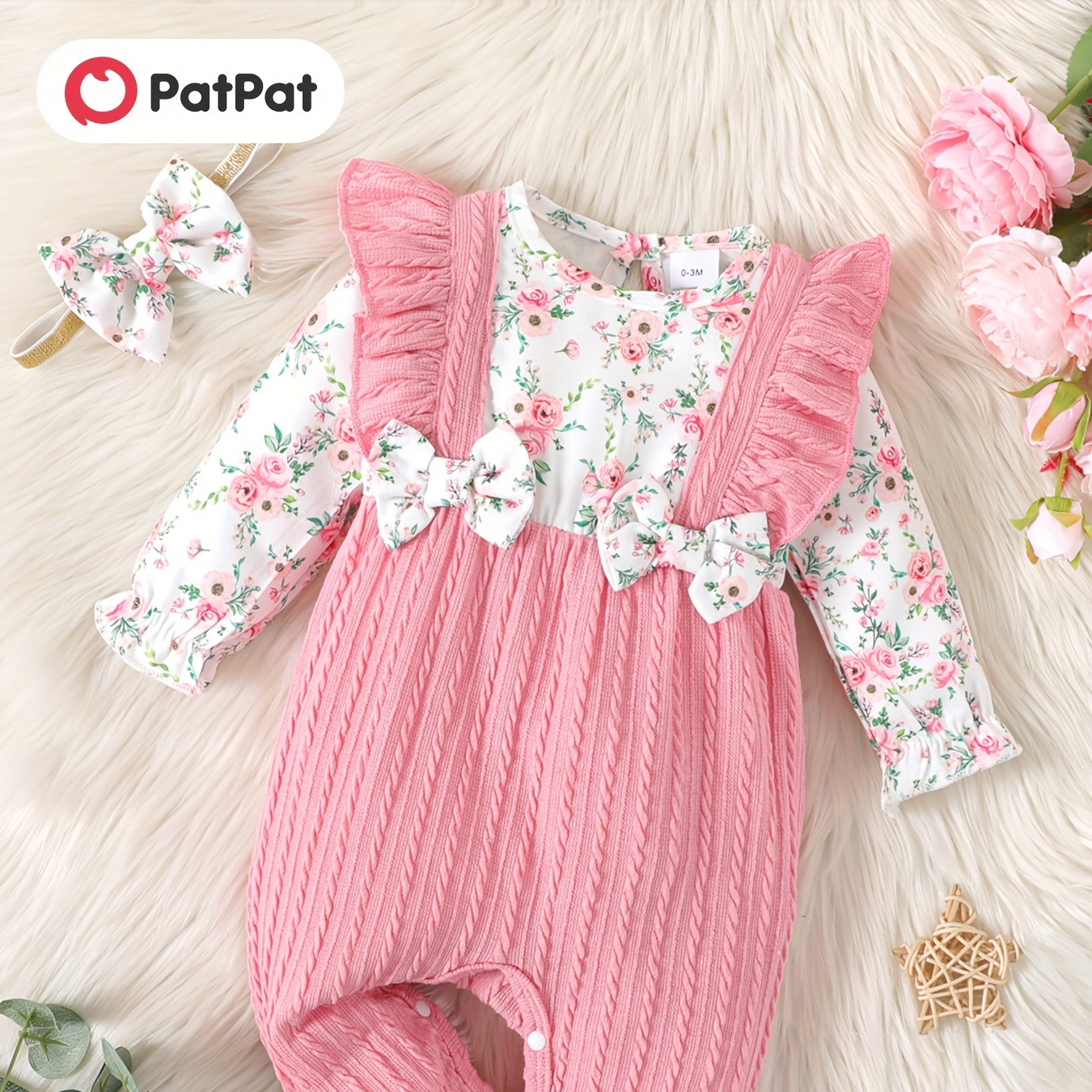 

Patpat 2pcs Baby Girl Long-sleeved Cute Ruffle Trim Bow Front Floral Print Textured Spliced Jumpsuit & Headband Set