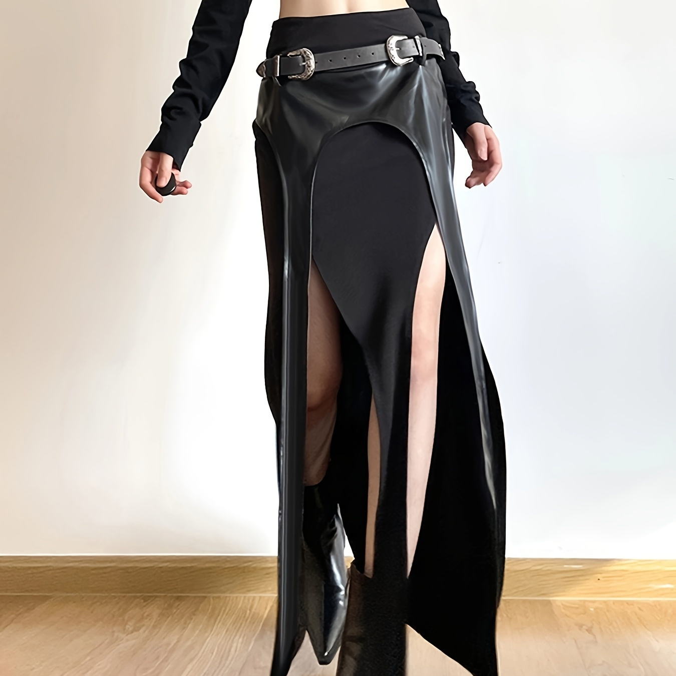 

Women's Y2k Style Biker Belted Split Skirt, Sassygals Polyester Knit Fabric, 95% Polyester 5% Elastane, Solid Color Long Skirt For Spring/summer