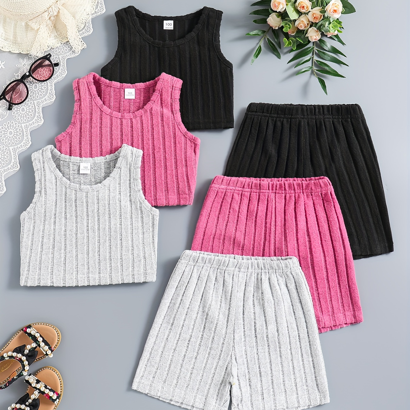 

Girls Rib-knit 3 Sets, Sleeveless Tank Top + Shorts Casual Suit For Summer