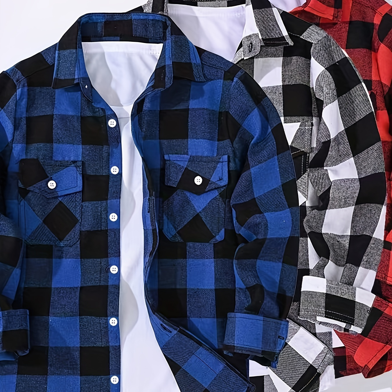 

3 Pcs Checkered Graphic , Lapel Up Long Sleeve For