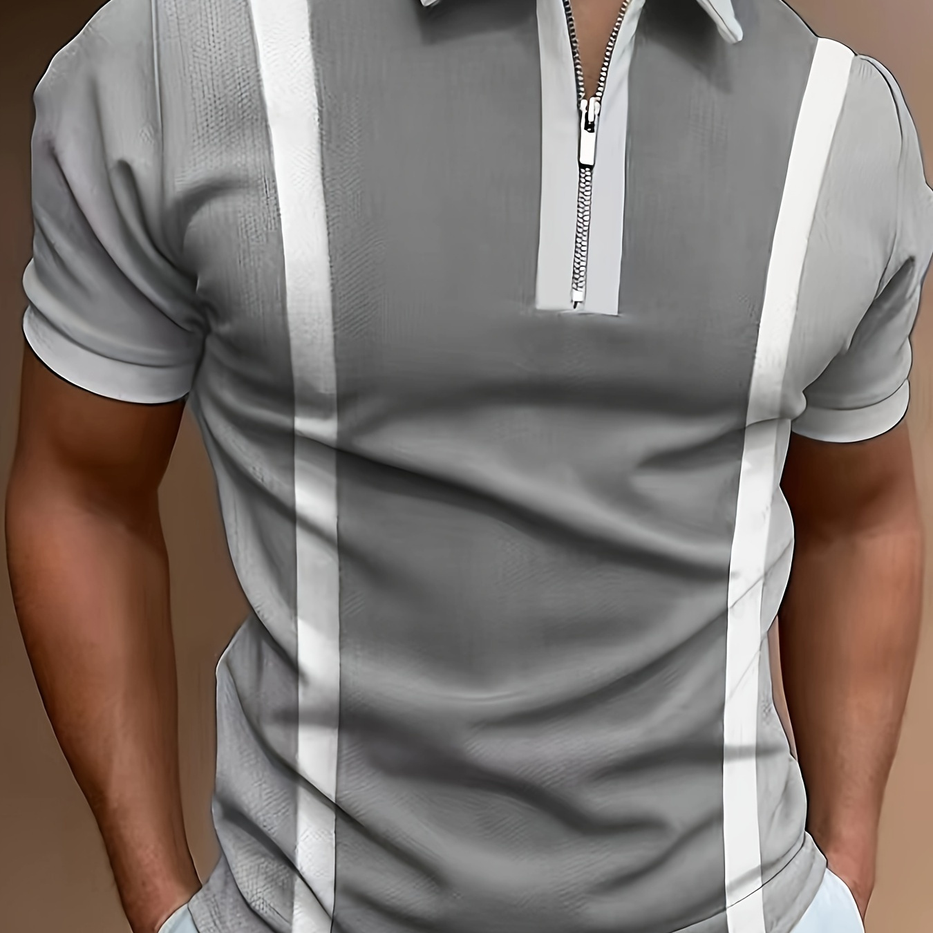 

Casual Color Block Men's Short Sleeve Zipper Lapel Shirt, Male Summer Golf Top