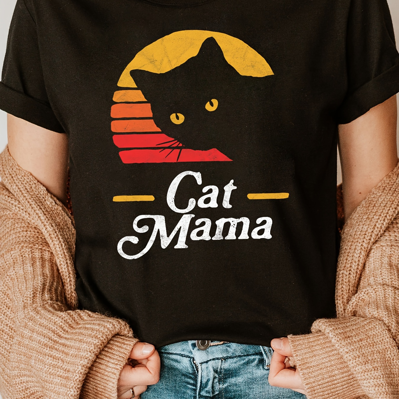 

Cat Mama Print T-shirt, Short Sleeve Crew Neck Casual Top For Summer & Spring, Women's Clothing