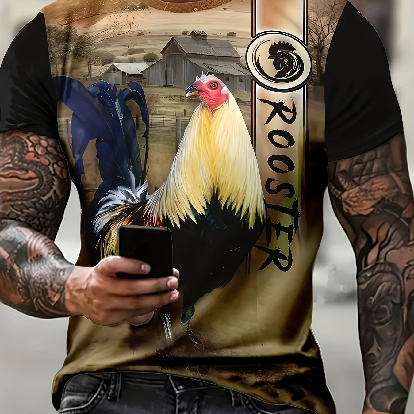 

Men's 3d Digital Rooster Pattern And Alphabet Print "rooster" Crew Neck And Short Sleeve T-shirt For Summer Outdoors Wear, Novel And Chic Tops For Men