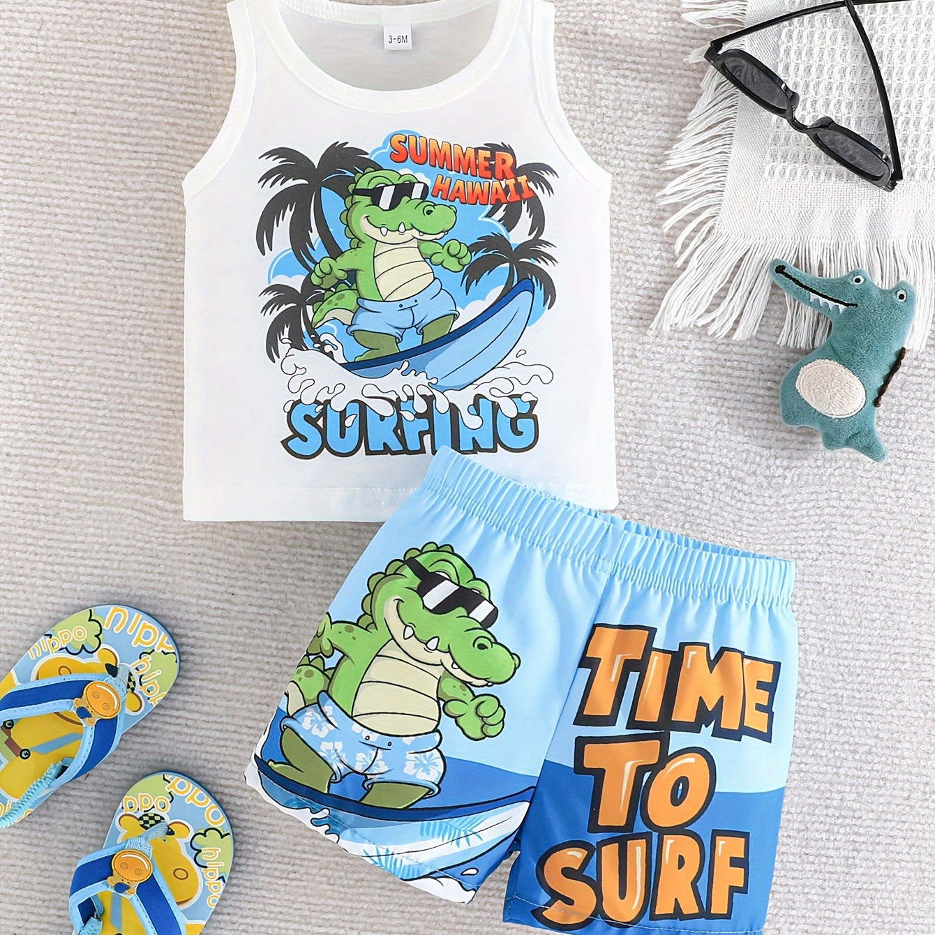 

Baby Girls Boys Summer Casual Outfit With Surfing Crocodile Print, Beach Vacation Tank Top & Shorts Set For Toddlers, Cool And Comfortable - White/blue