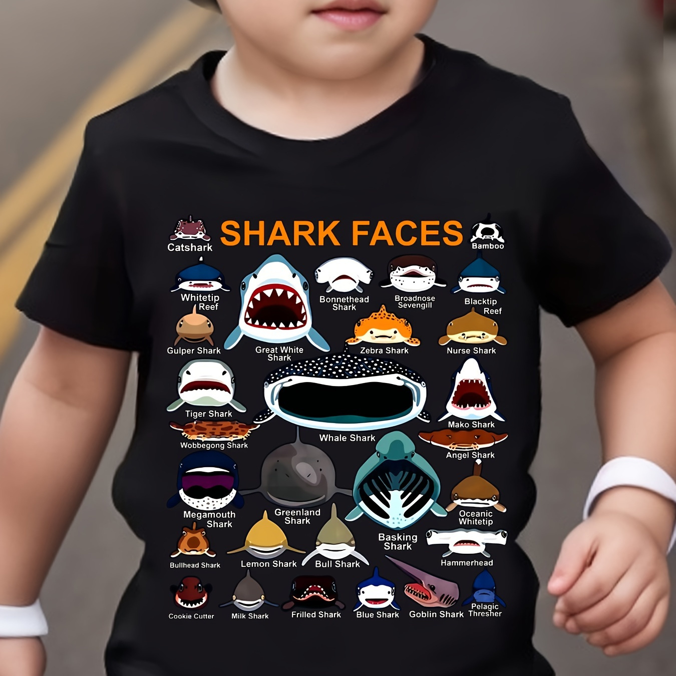 

Shark Faces Print Short Sleeve T-shirt For Boys, Casual Round Neck Comfy Summer Outdoor Clothes