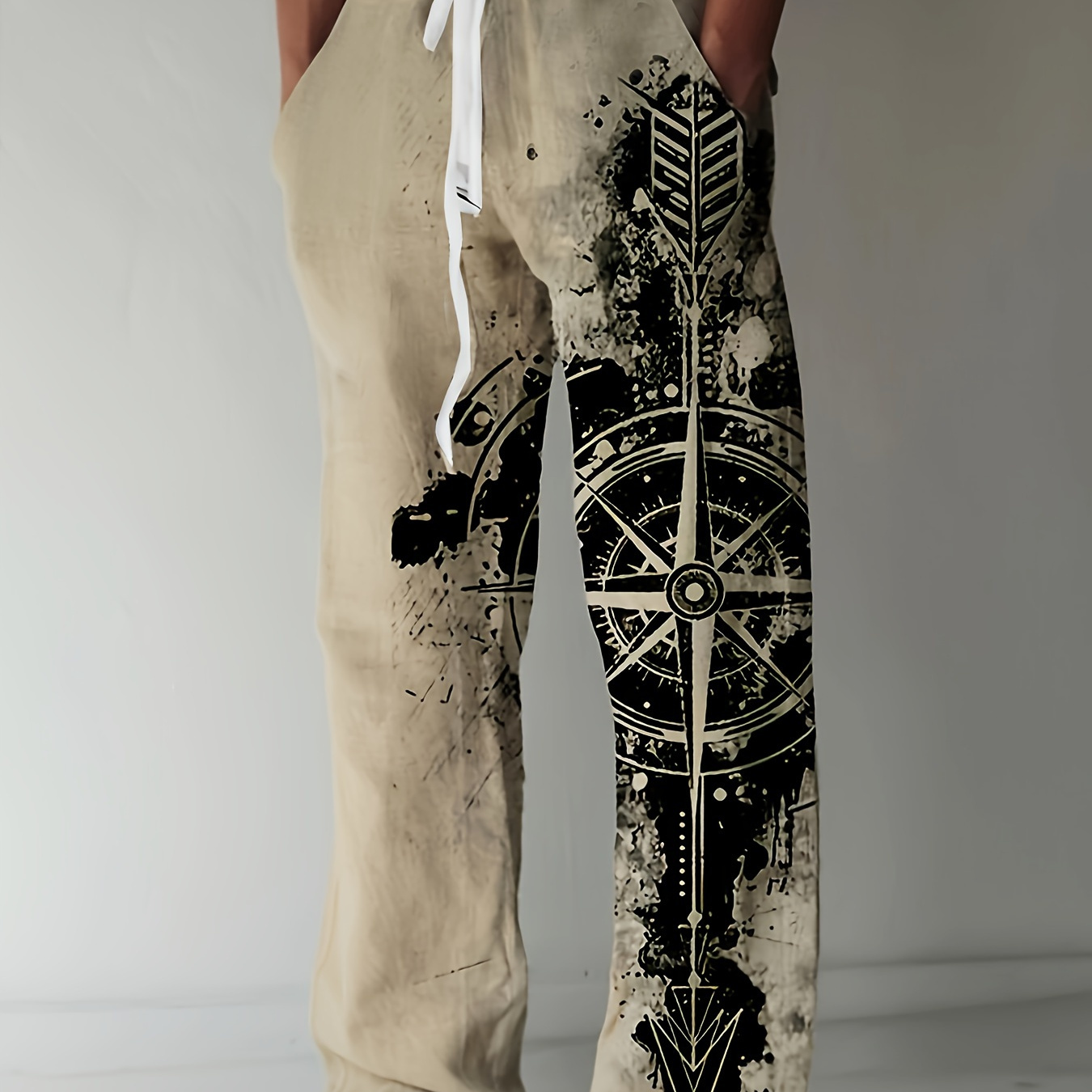 

Retro Compass Digital Print Men's Long Drawstring Pants With Pockets, Spring Fall Outdoor, Street Style
