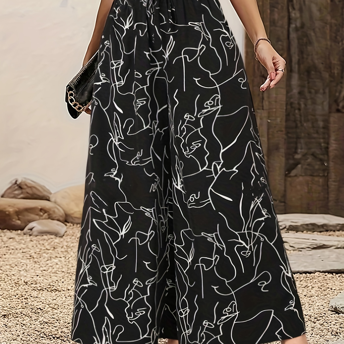 

Women's Elegant Wide-leg Pants - High Waist, Abstract Print, Lightweight Polyester Blend, Machine Washable - Spring/summer Fashion, Casual |wideleg Trousers|elastic Waistband