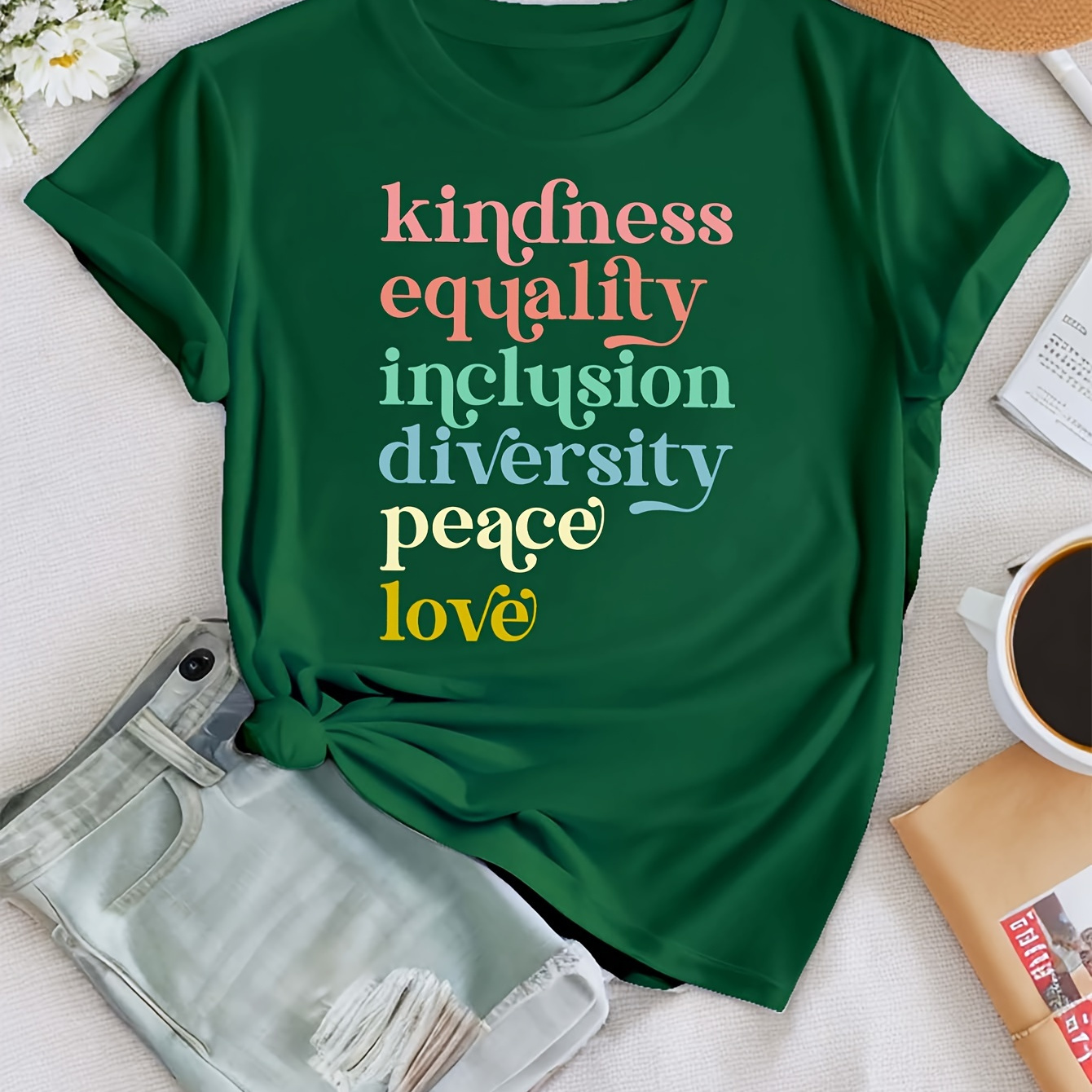 

Kindness Print T-shirt, Short Sleeve Crew Neck Casual Top For Summer & Spring, Women's Clothing