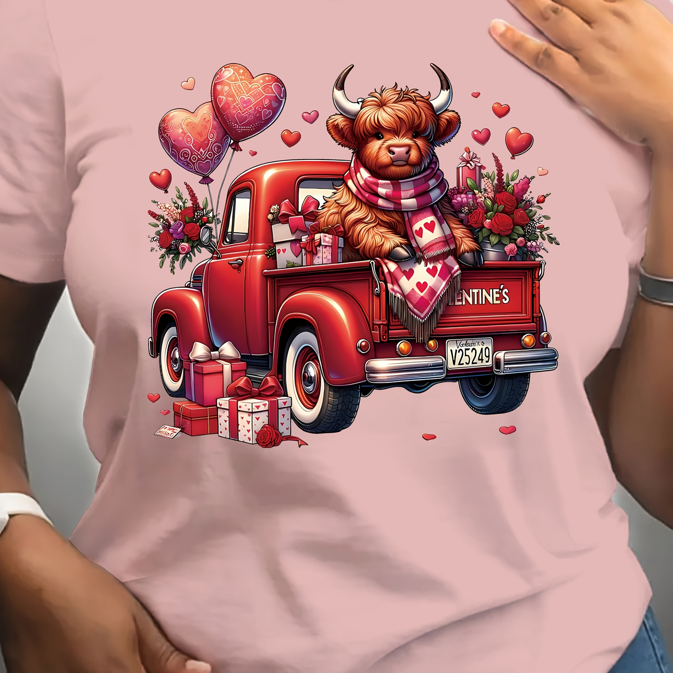 

Women's Valentine's Day Cute Cow Print T-shirt - Casual Crew Neck, Short Sleeve, Breathable Knit Polyester Top, Machine Washable - Fashion