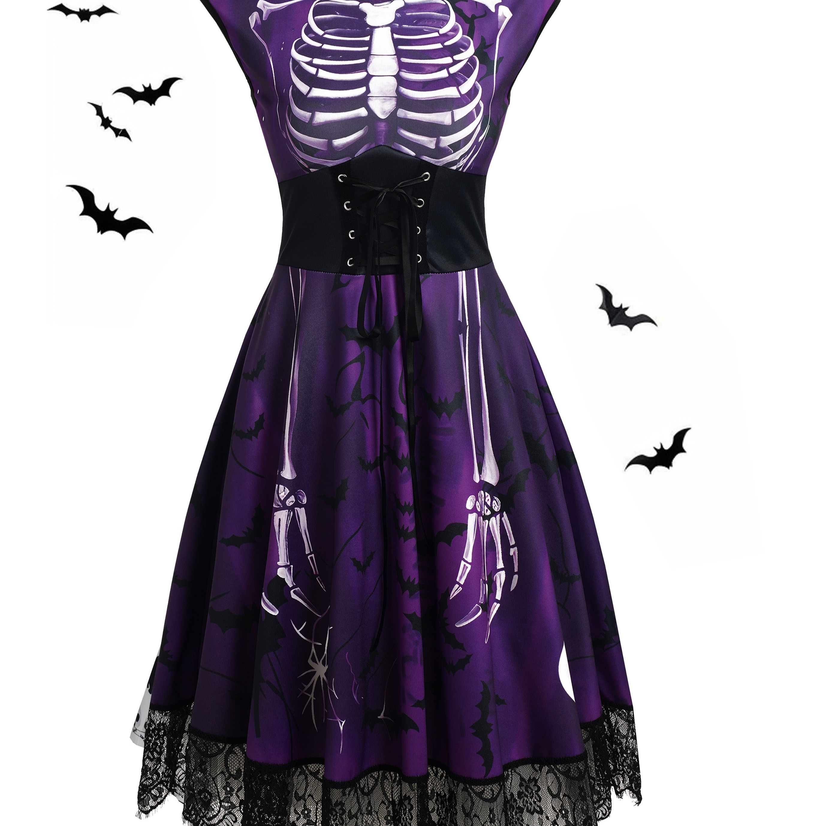 

Vintage-inspired Halloween Dress With Skull & , Lace Trim, And High Waist - Parties