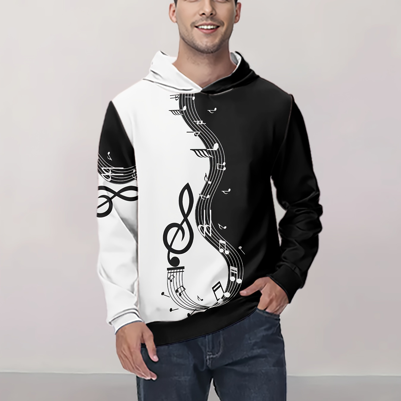 

Men's Note Hoodie With Kangaroo Pocket, Casual Long Sleeve Hooded Sweatshirt For Outdoor