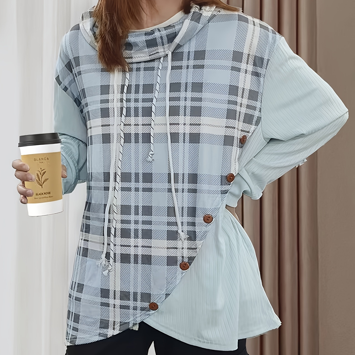 

Plus Size Casual Sweatshirt, Women's Plus Colorblock Plaid Print Long Sleeve Button Decor Drawstring Hooded Sweatshirt