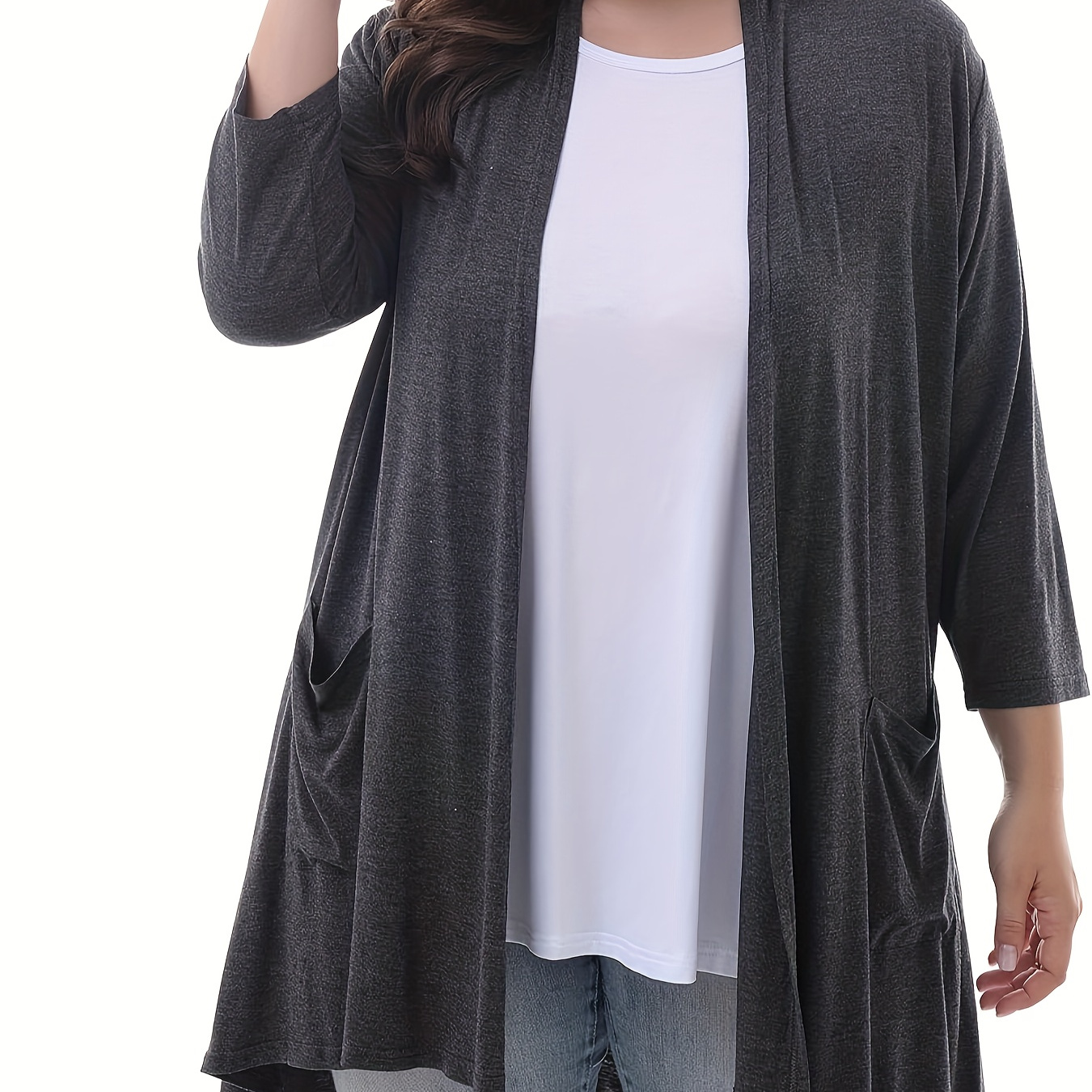 

Plus Size Side Pockets Open Front Cardigans, Elegant Soft Solid Color Long Sleeve Cardigans Top For Spring & Fall, Women's Plus Size Clothing