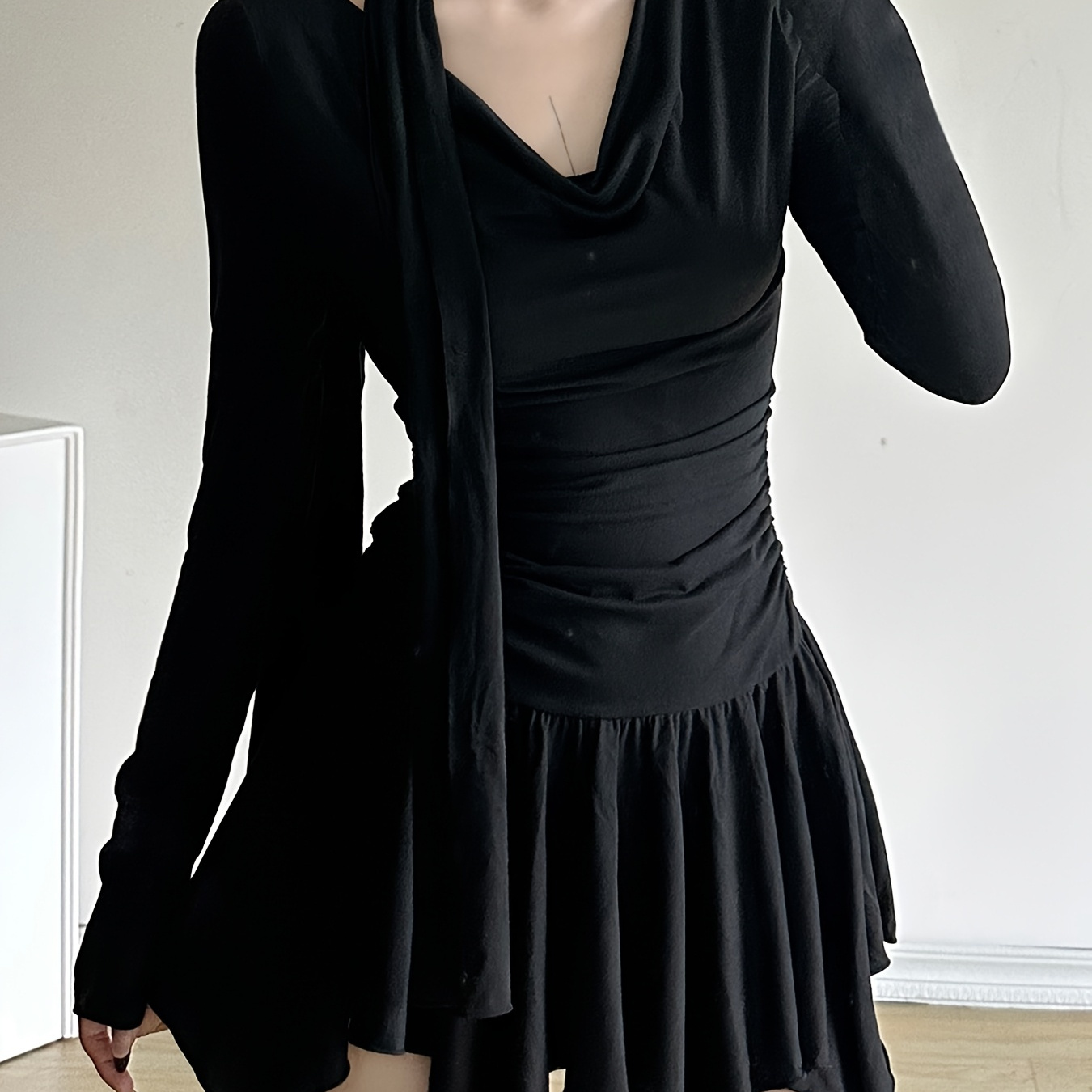 

Elegant Asymmetrical A- Dress With Choker Neckline - Stylish Long Sleeve, Ruched Front, Black Polyester For Women, Spring & Fall, Spring Fashion Dress | Ruched Mini Dress | Stretchable Material