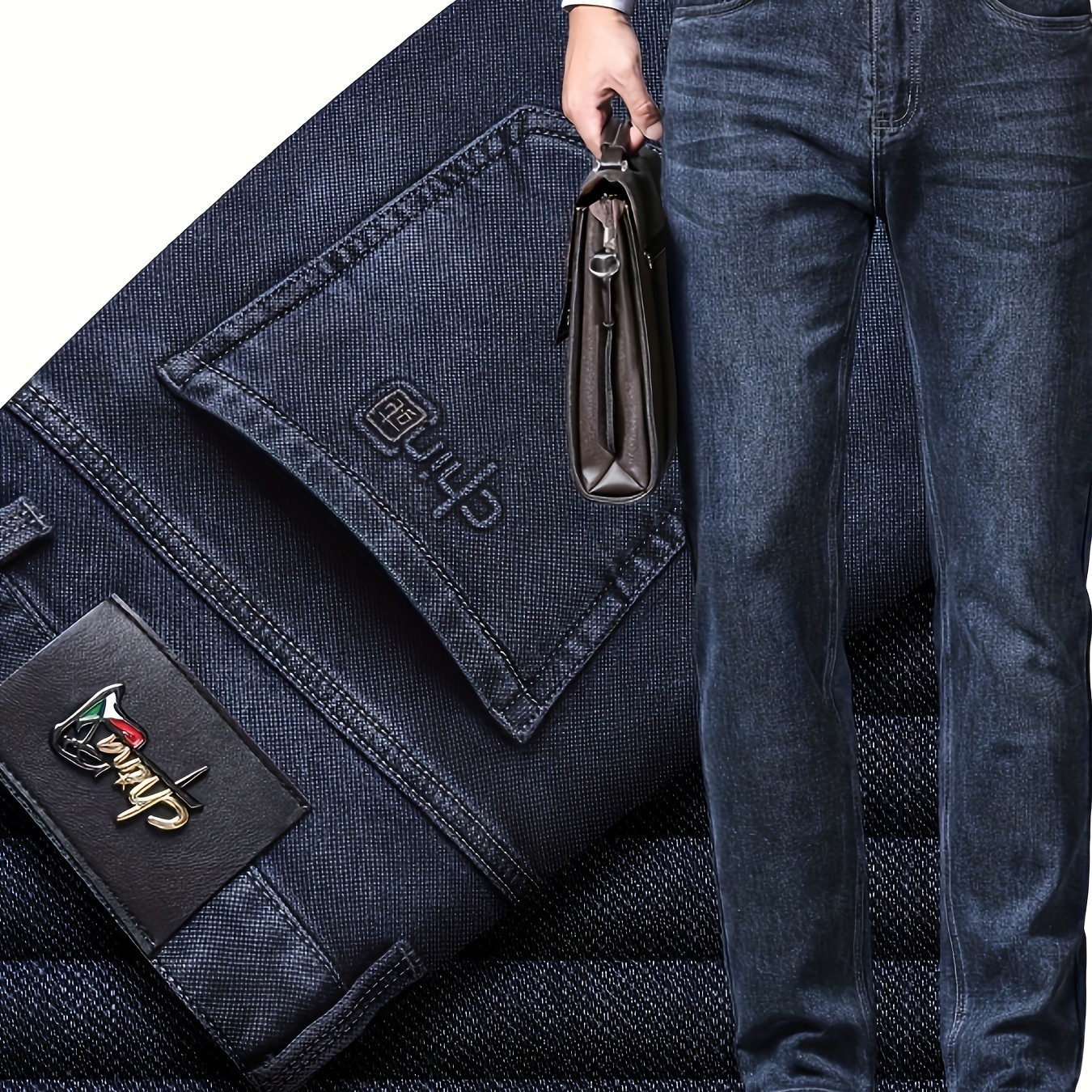 

Men's Solid Denim Jeans, Light Business Style Slightly Stretch Straight Leg Pants For Outdoor Casual Daily