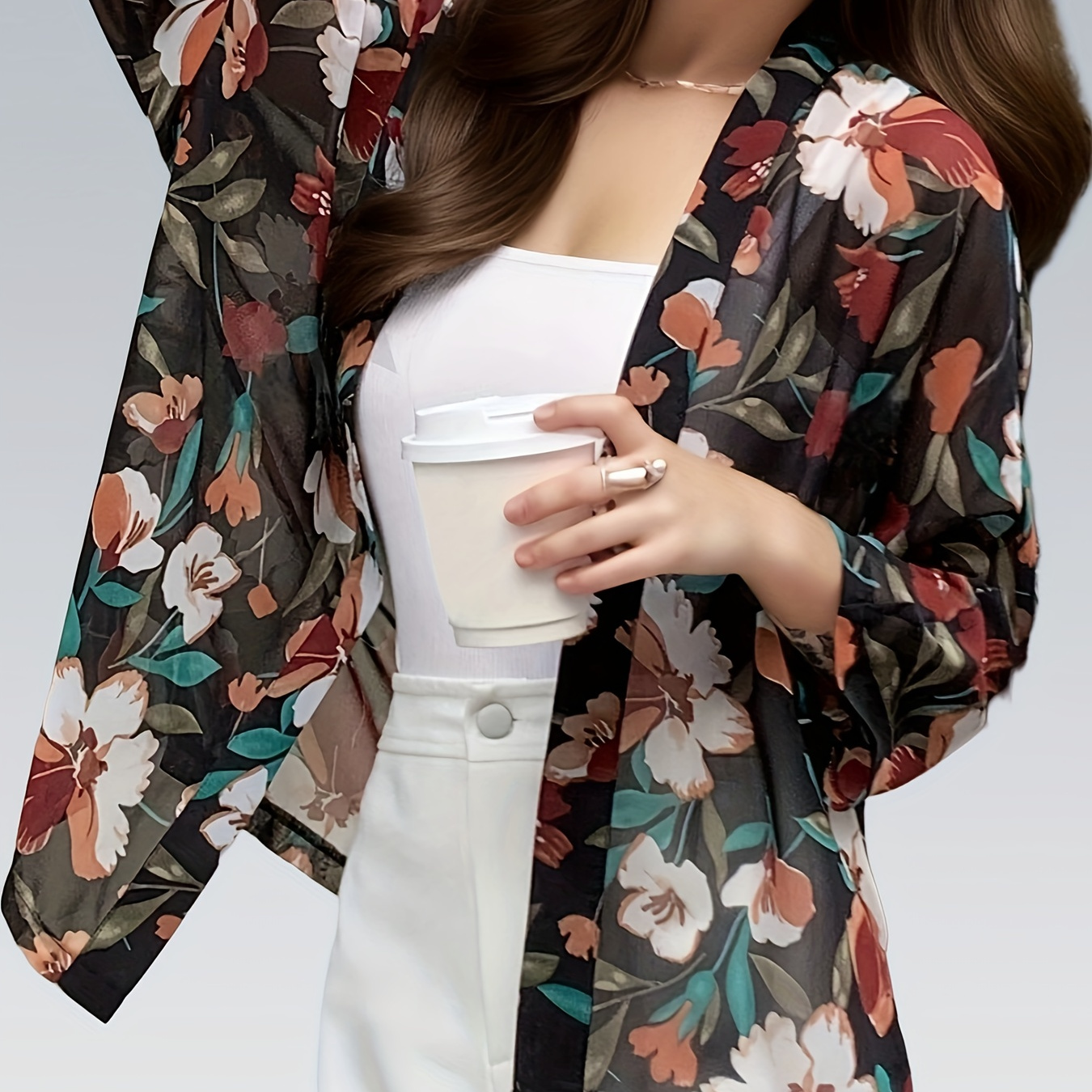

Floral Print Open Front Blouse, Elegant Long Sleeve Loose Chiffon Blouse For Spring & Summer, Women's Clothing