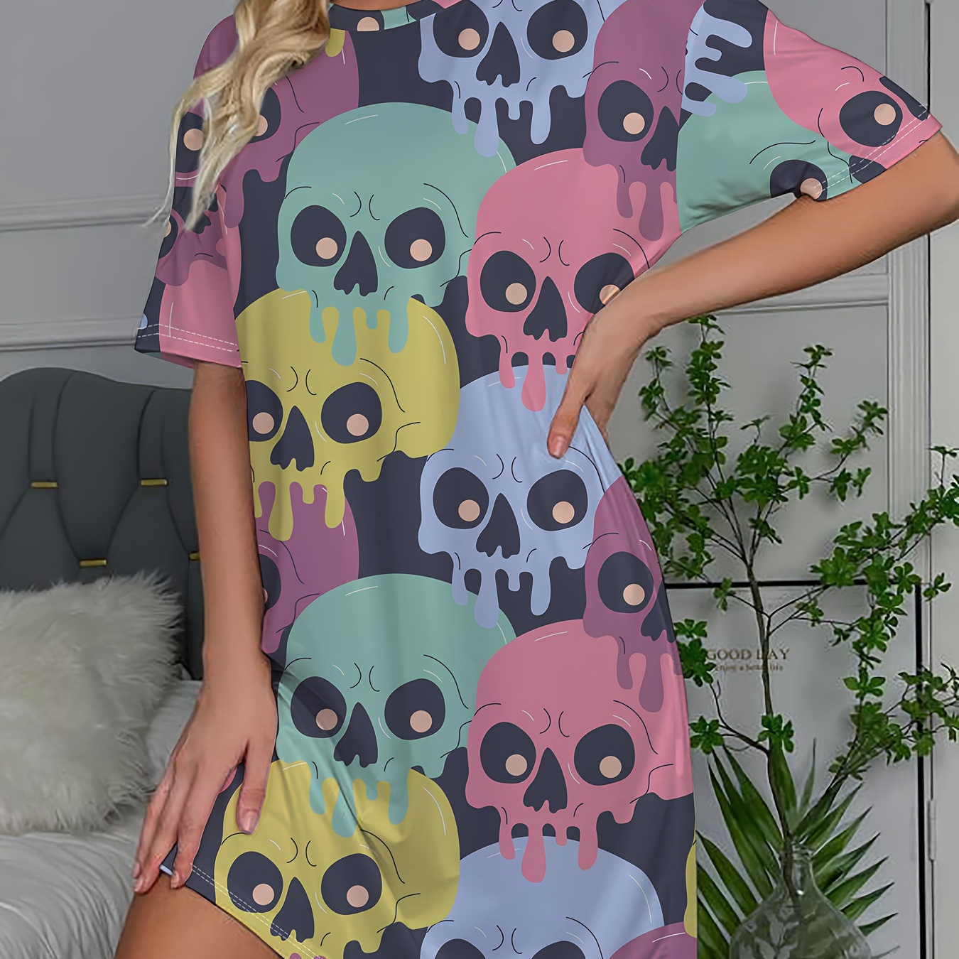 

Women's Colorful Skull Print Casual Sleepwear Dress, Short Sleeve Round Neck Tee Dress, Comfortable Nightgown For Halloween