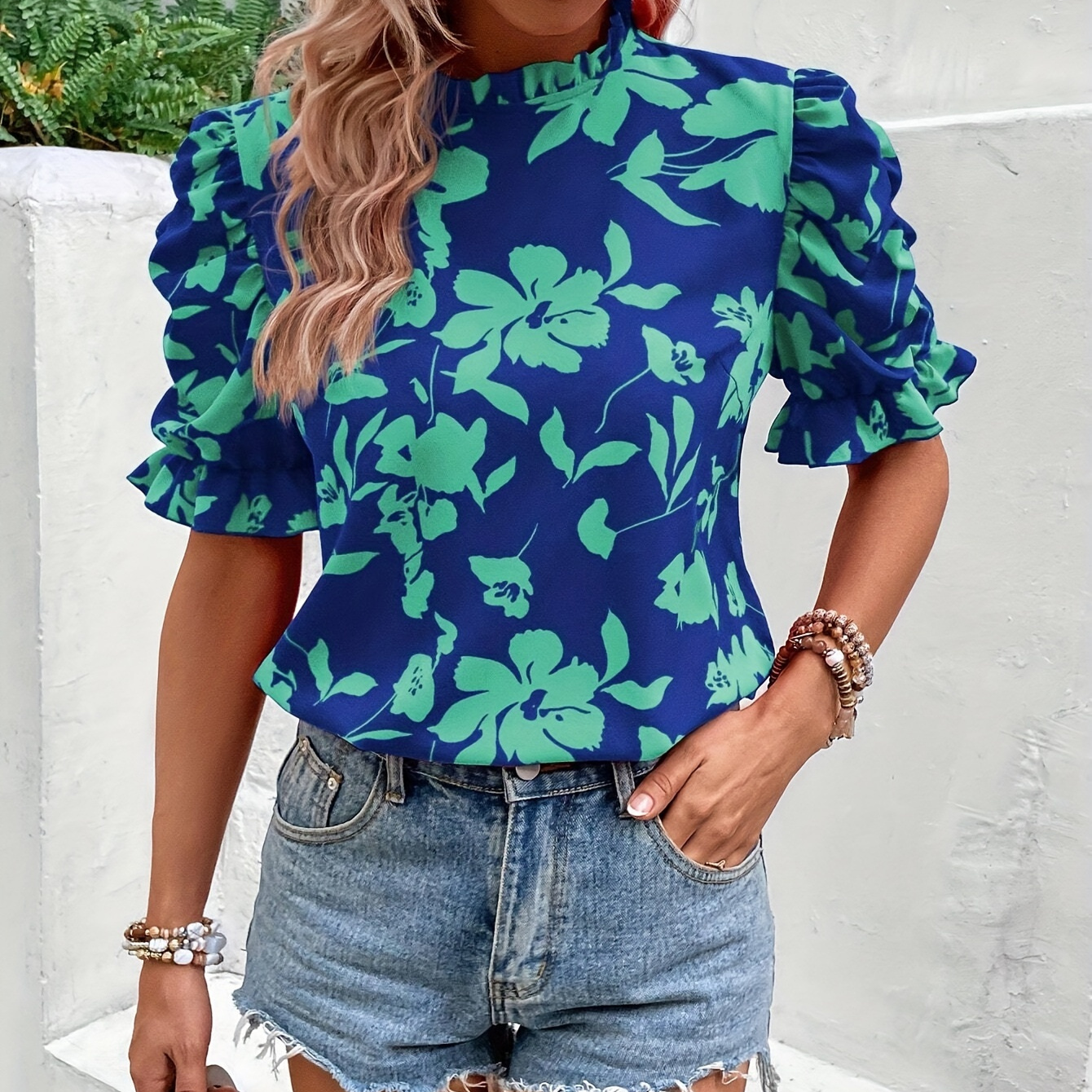 

Floral Print Frill Neck Blouse, Elegant Puff Sleeve Top For Spring & Summer, Women's Clothing