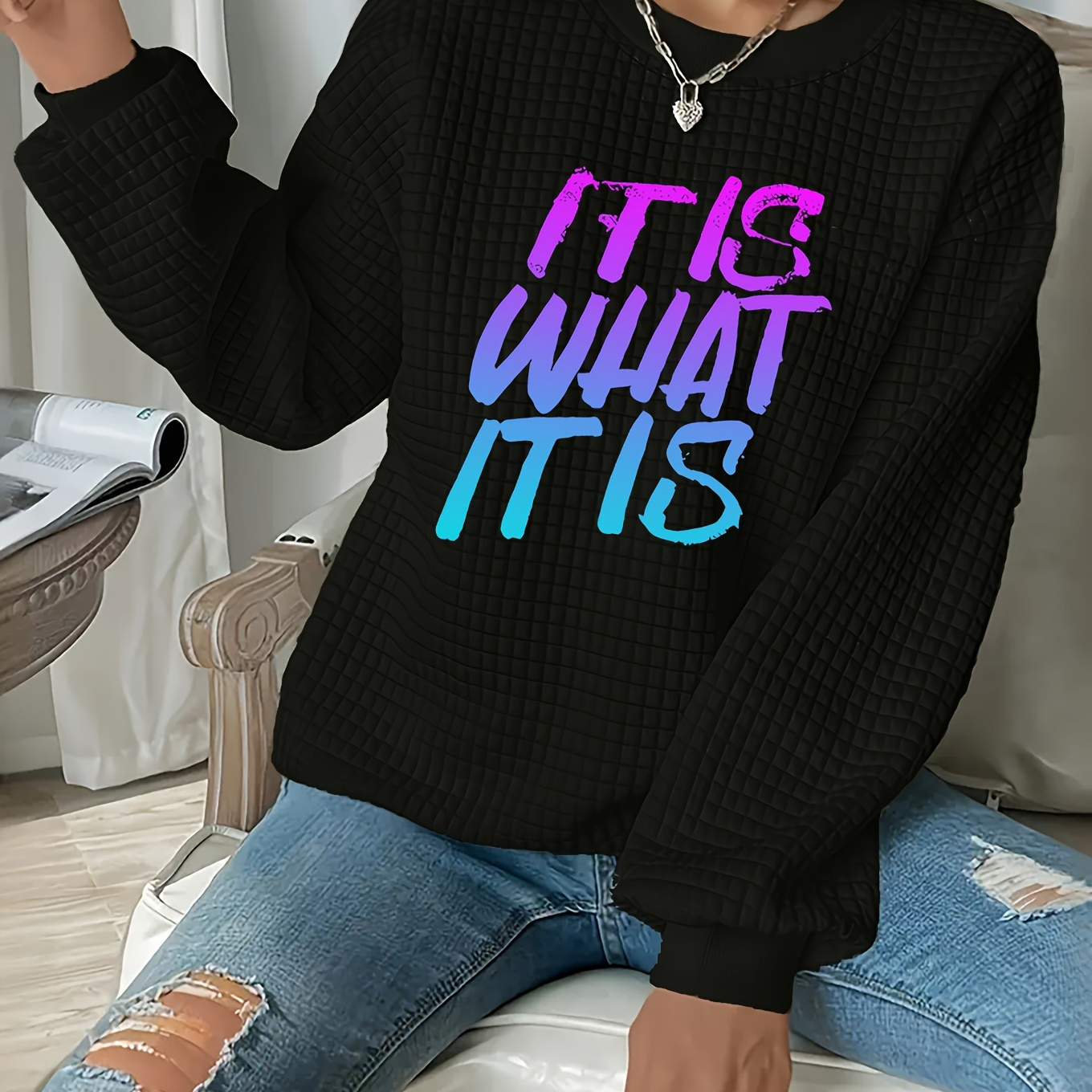 

Plus Size What Print Waffle Sweatshirt, Casual Long Sleeve Crew Neck Pullover Sweatshirt, Women's Plus Size clothing