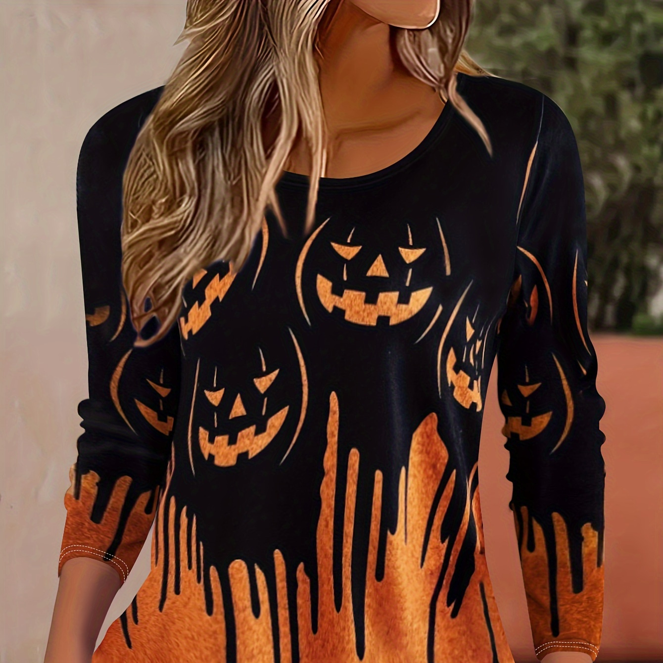 

Pumpkins Print Crew Neck T-shirt, Casual Long Sleeve T-shirt For Spring & Fall, Women's Clothing