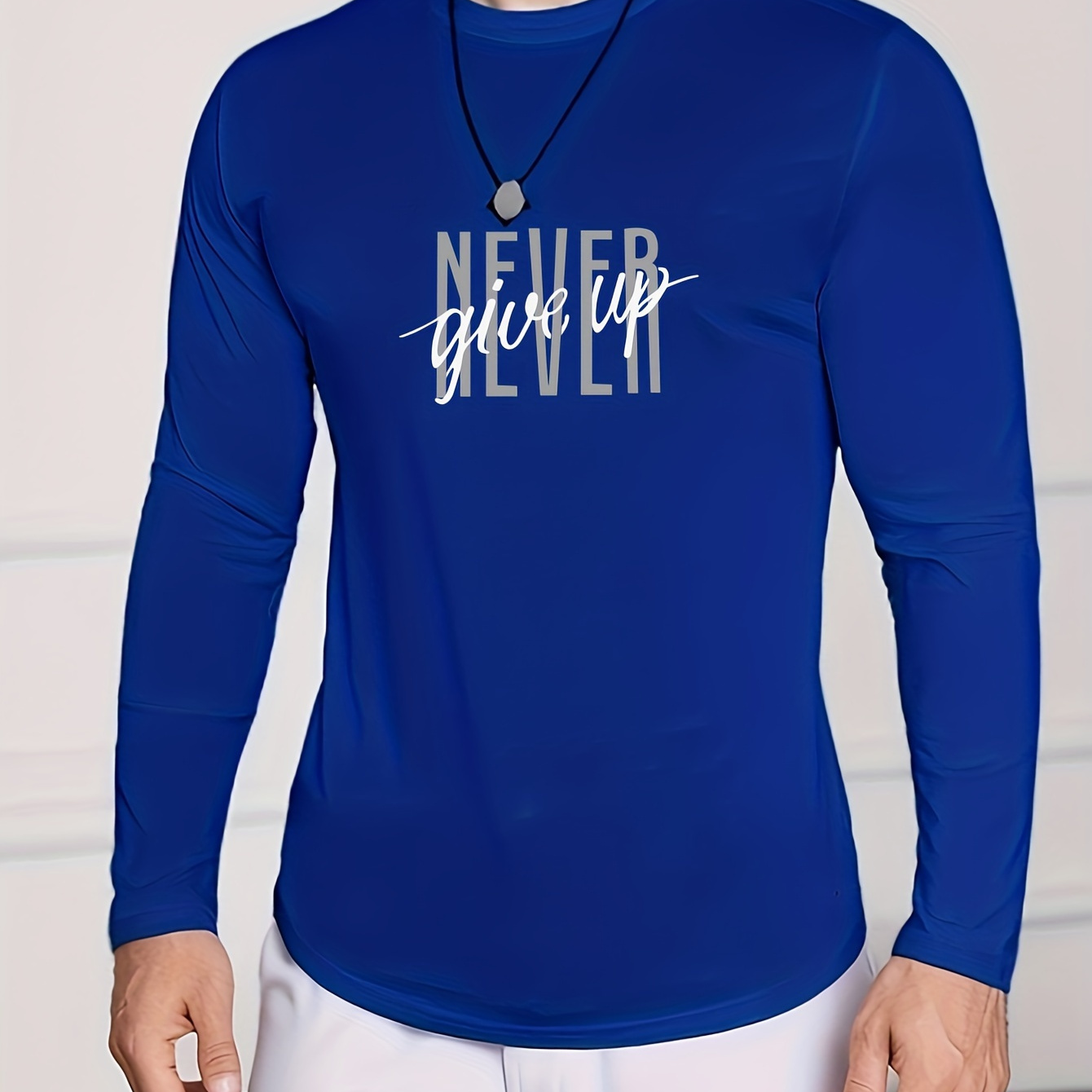 

Men's Long Sleeve T-shirt Casual Loose Fit Fashion Trendy " Never Give Up " Print Tee Crew Neck Top