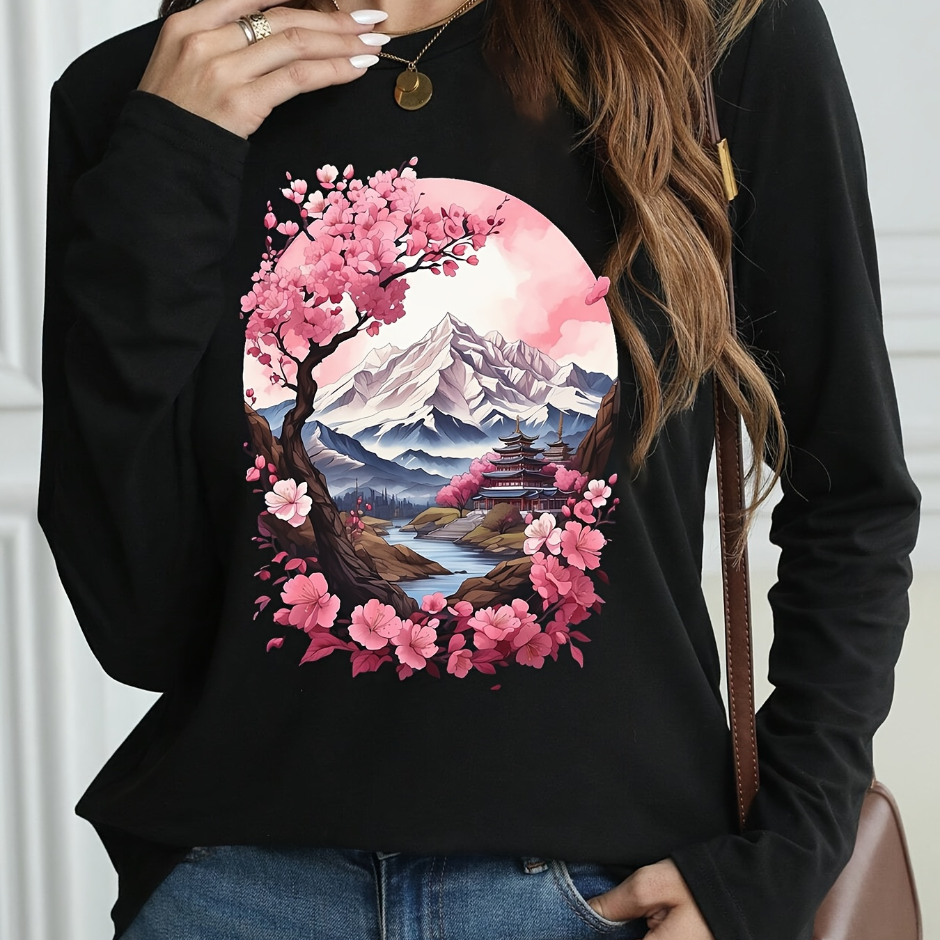 

Haut extensible à manches longues avec un motif de paysage de , T-shirt d'art d' sur bois japonais vintage, Col rond décontracté pour et , Vêtements pour femmes.