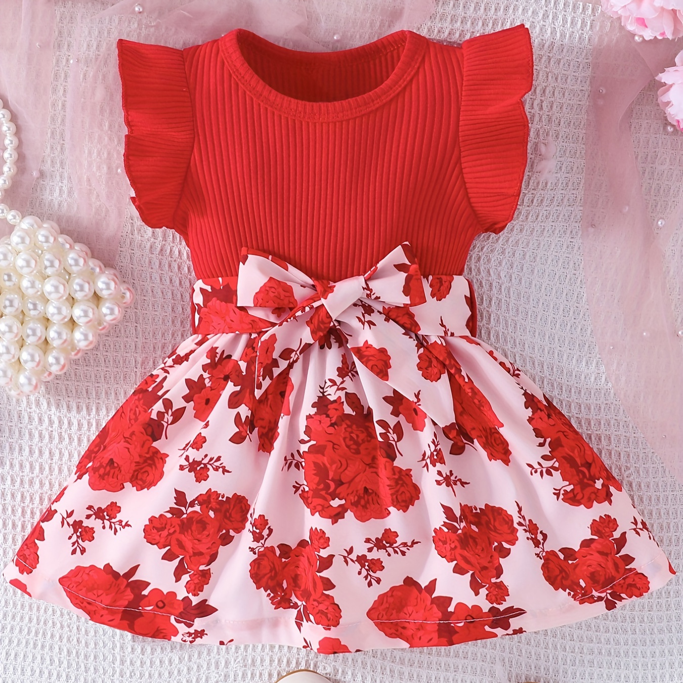 

Baby Girls Cute Rose Flowers Allover Print Dress Flutter Sleeve Baby Cotton Dresses With Belt