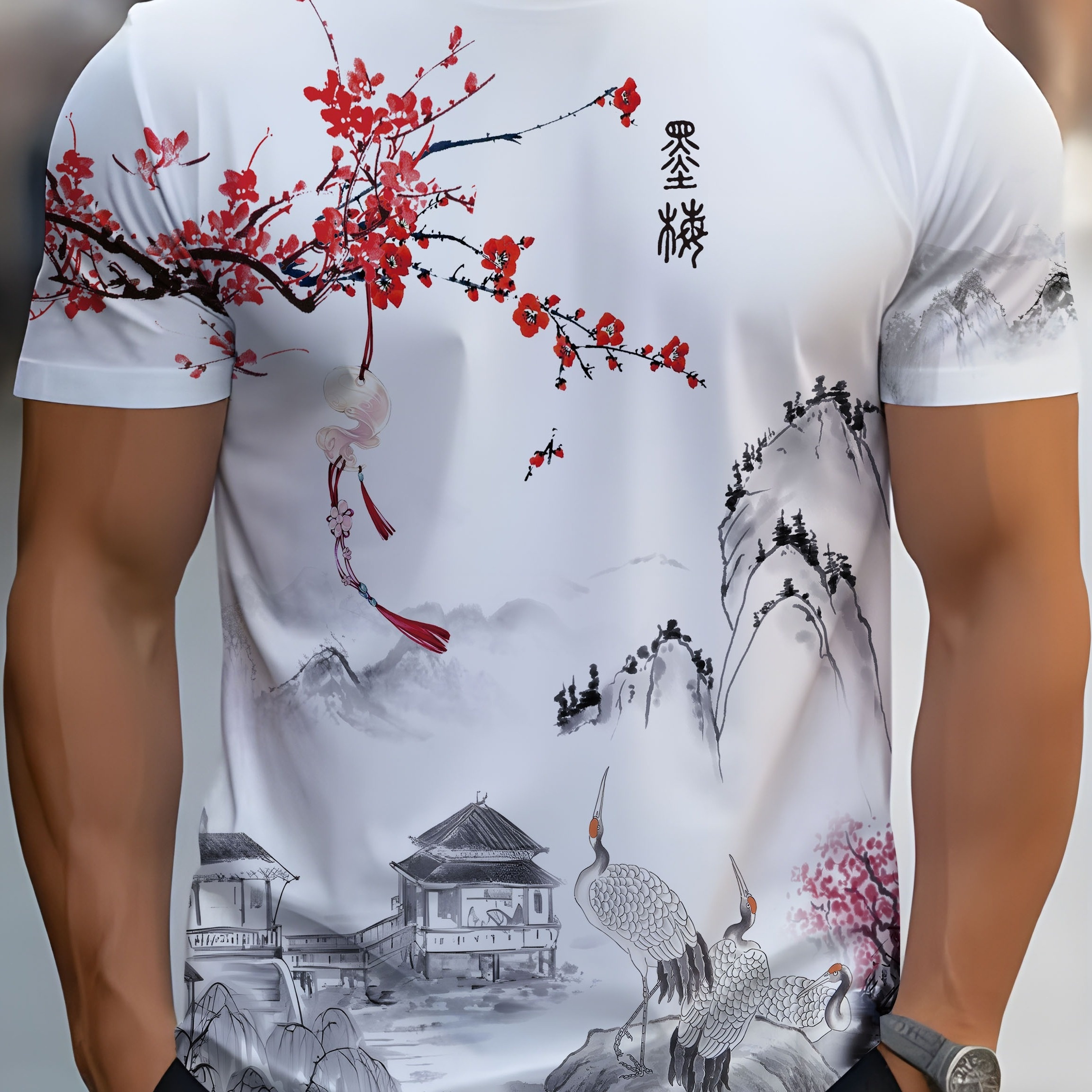 

Chinese Style Plum Blossom Pattern Print Crew Neck Short Sleeve T-shirt For Men, Casual Summer T-shirt For Daily Wear And Vacation Resorts