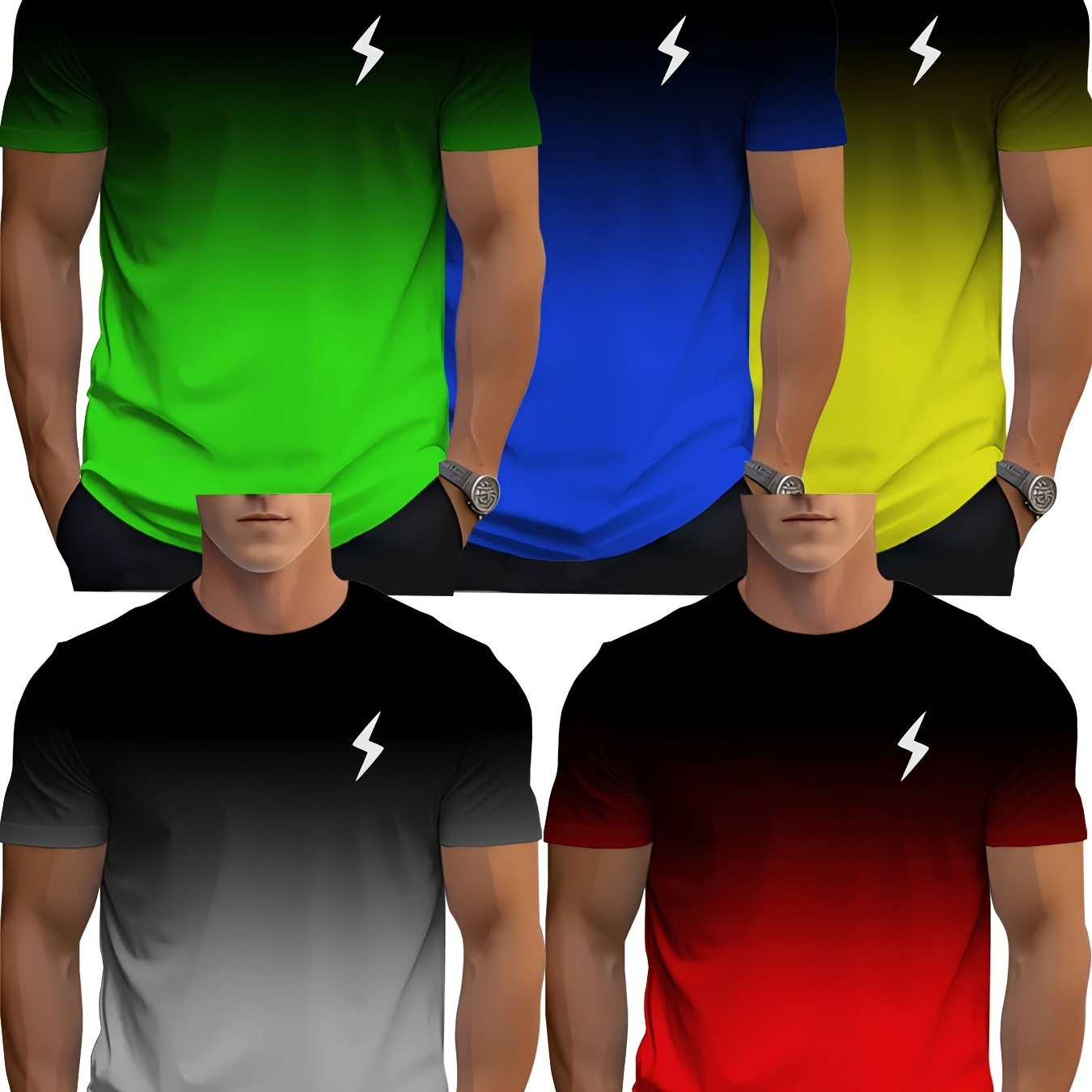 

Men's Novelty T-shirt Set Of 5-piece, Casual Polyester Knit Fabric With Round Neck, Printed Lightning Bolt Design, Regular Fit, Micro