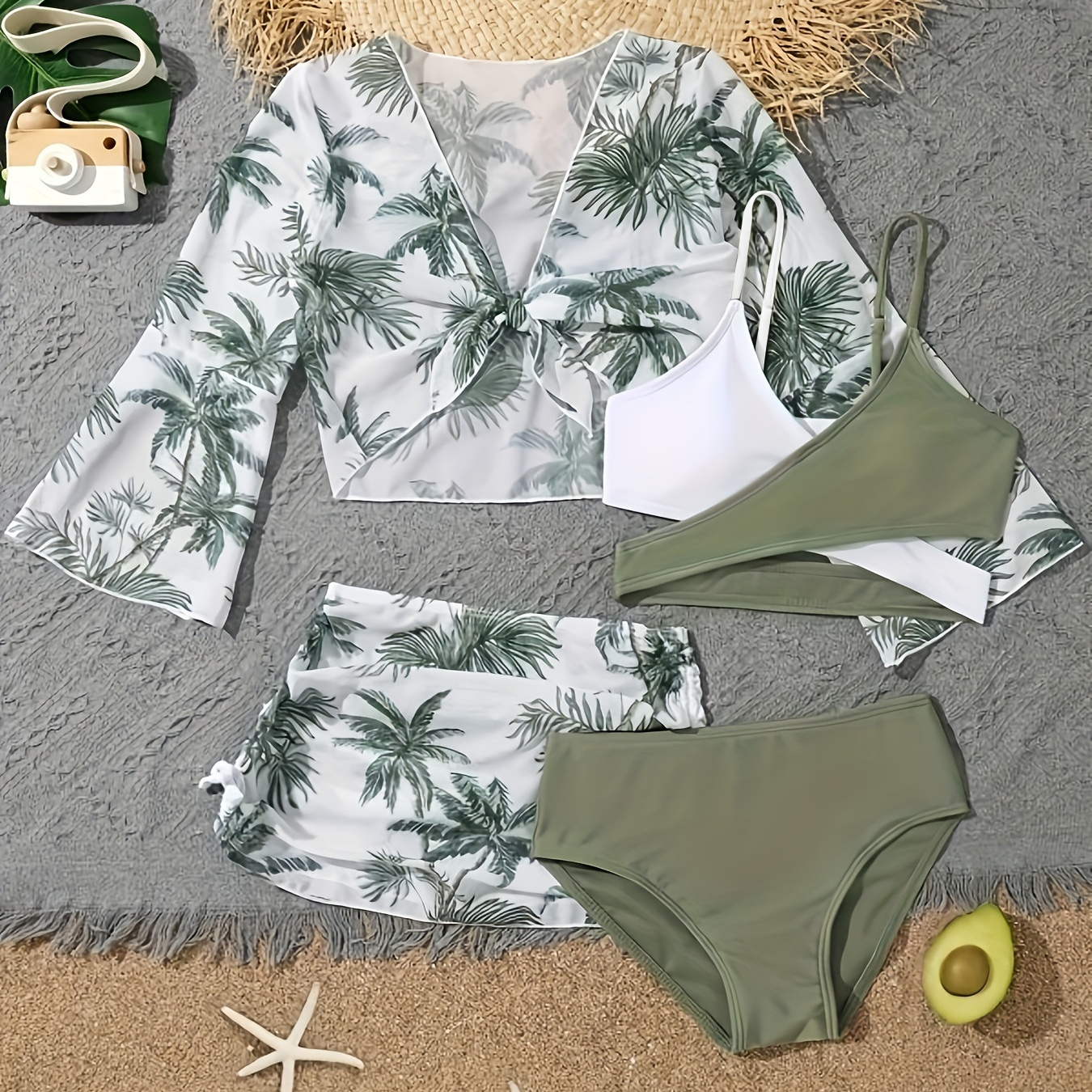 

Coconut Trees Print 4 Piece Set Bikini, Layered Top & High Cut Panty & Long Sleeves Cover Up Shirt & Skirt Swimsuits, Women's Swimwear & Clothing