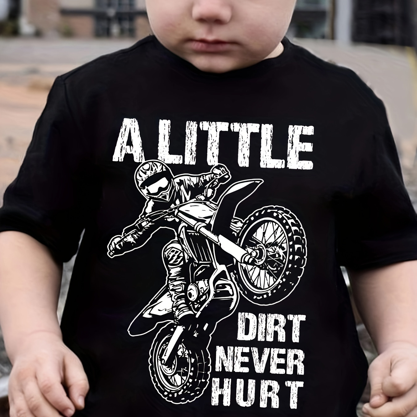 

A Little Dirt Never Hurt & Cartoon Motorcycle Rider Graphic Print Tee, Boys' Casual & Trendy Crew Neck Short Sleeve T-shirt For Spring & Summer, Boys' Clothes For Outdoor Activities