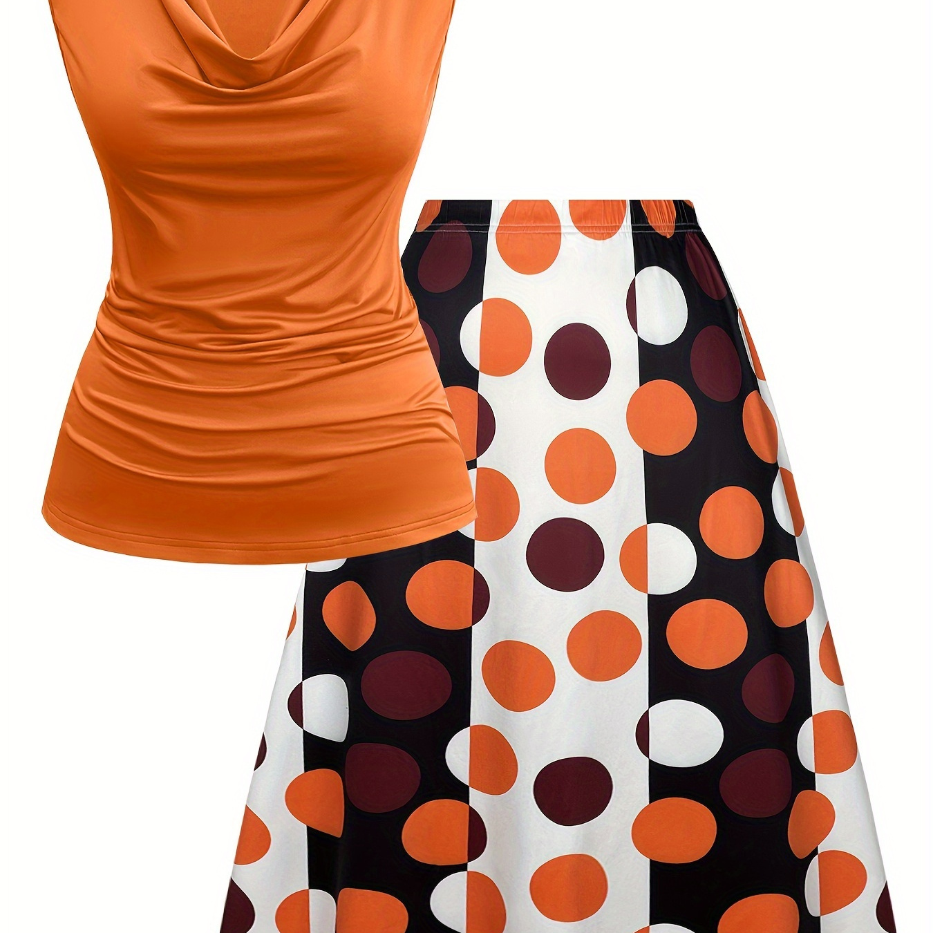 

Plus Size Polka Dot Print Two-piece Set, Cowl Neck Sleeveless Top & A-line Skirt Outfits, Women's Plus Size clothing