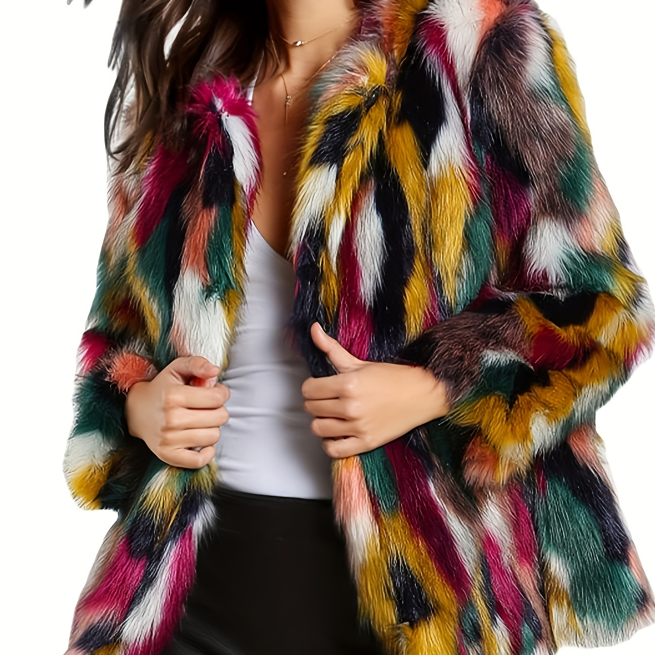 

Women's Multicolor Faux Fur Coat Winter Warm Gradient Color Outwear Jacket Fall Shaggy Furry Open Front Cardigan