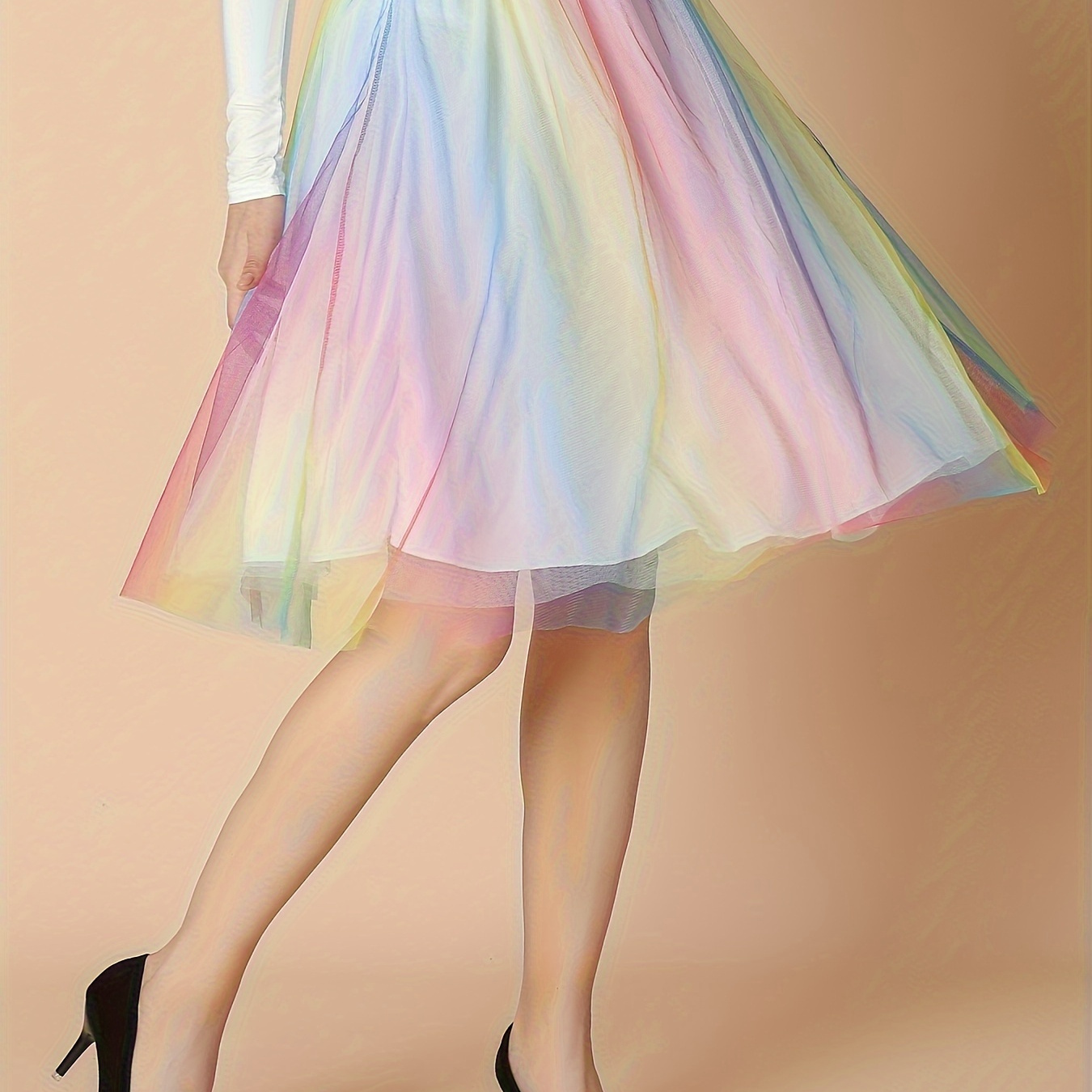 

Women's Elegant Rainbow Ombre Tulle Skirt, 100% Polyester Short Length, Regular Fit, Woven Mesh, Flared Hem, A-line Style, No Belt, 50g/m² Fabric Weight, 75g/m² Weight