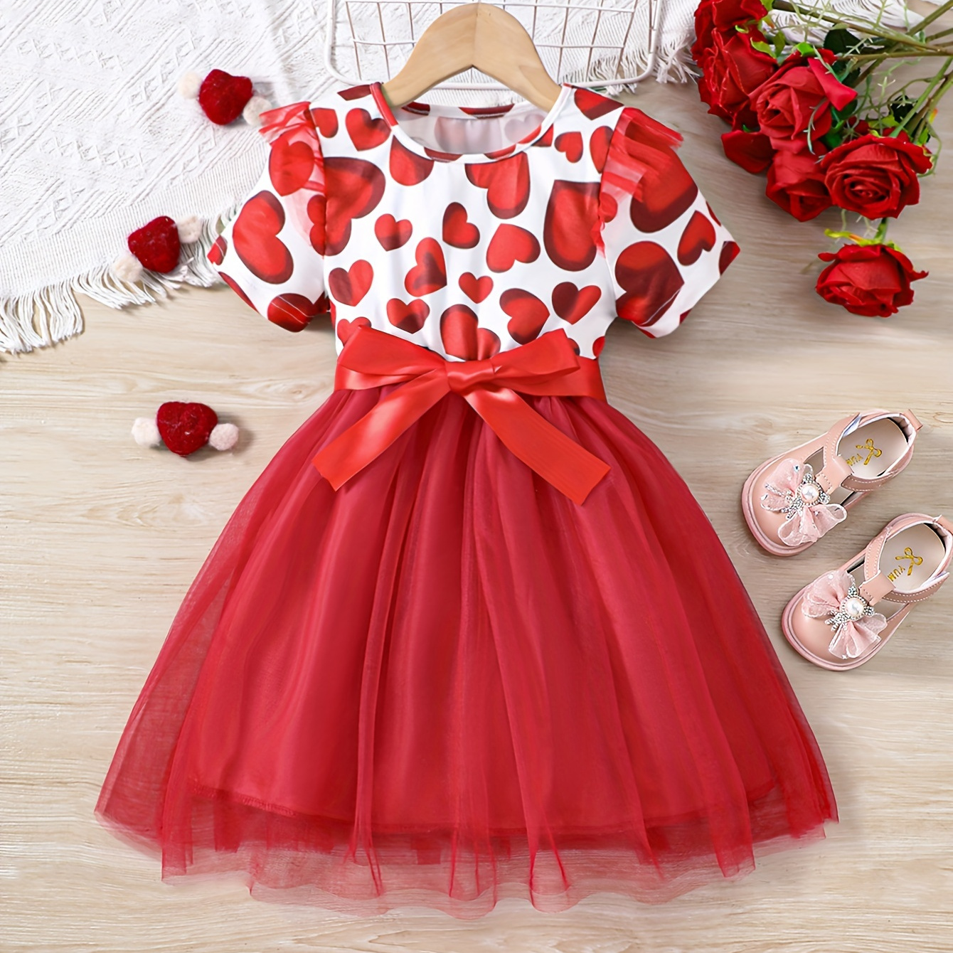 

Sweet Girls Heart Print Short Sleeve Tutu Dress Princess Mesh Dress Party Gift Summer