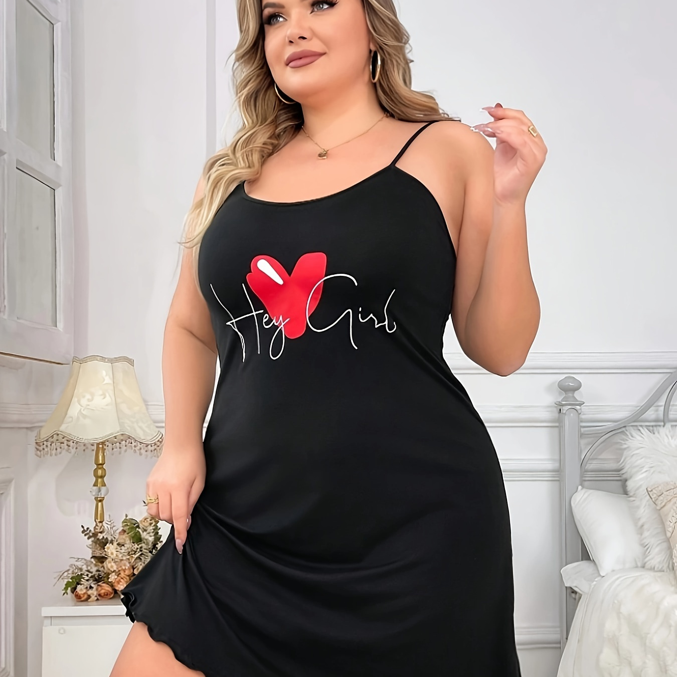 

Women's Plus Sexy Sleep Dress, Plus Size Heart & Letter Print Round Neck Frill Trim Slip Nightdress