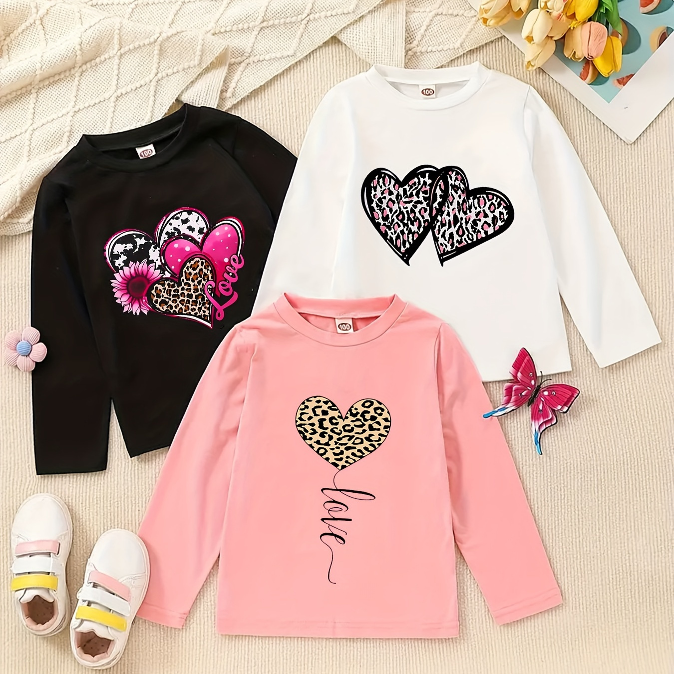 

Girls' Long Sleeve Heart Pattern Tees Pack Of 3 - Casual Crew Neck Polyester Knit Tops With Slight Stretch, Regular Fit Applique Detail For Fall/winter - 95% Polyester, 5% Elastane