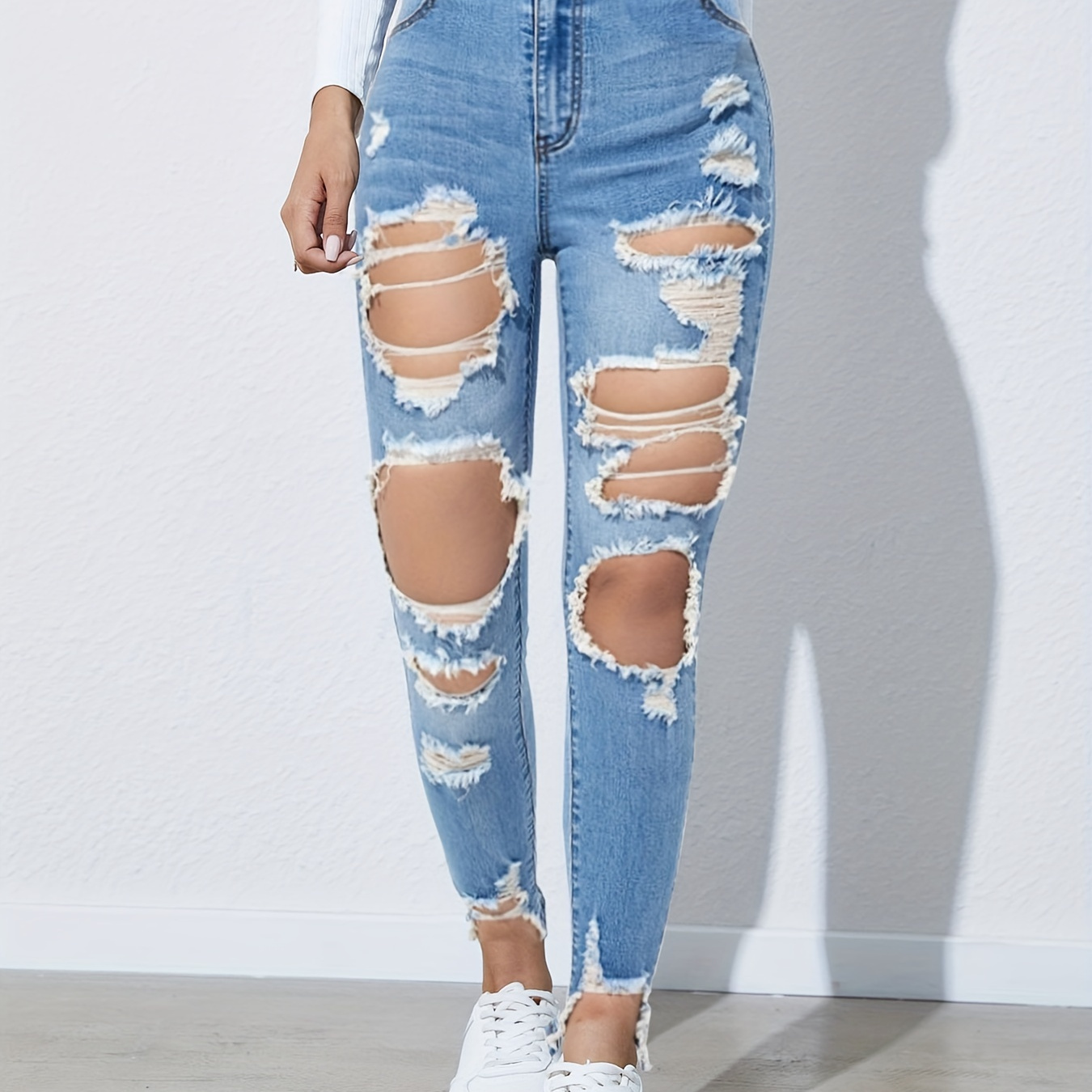 Blue Ripped High Waist Skinny Denim Pants, Stretchy Fitting Pencil Jeans,  Women's Denim & Clothing