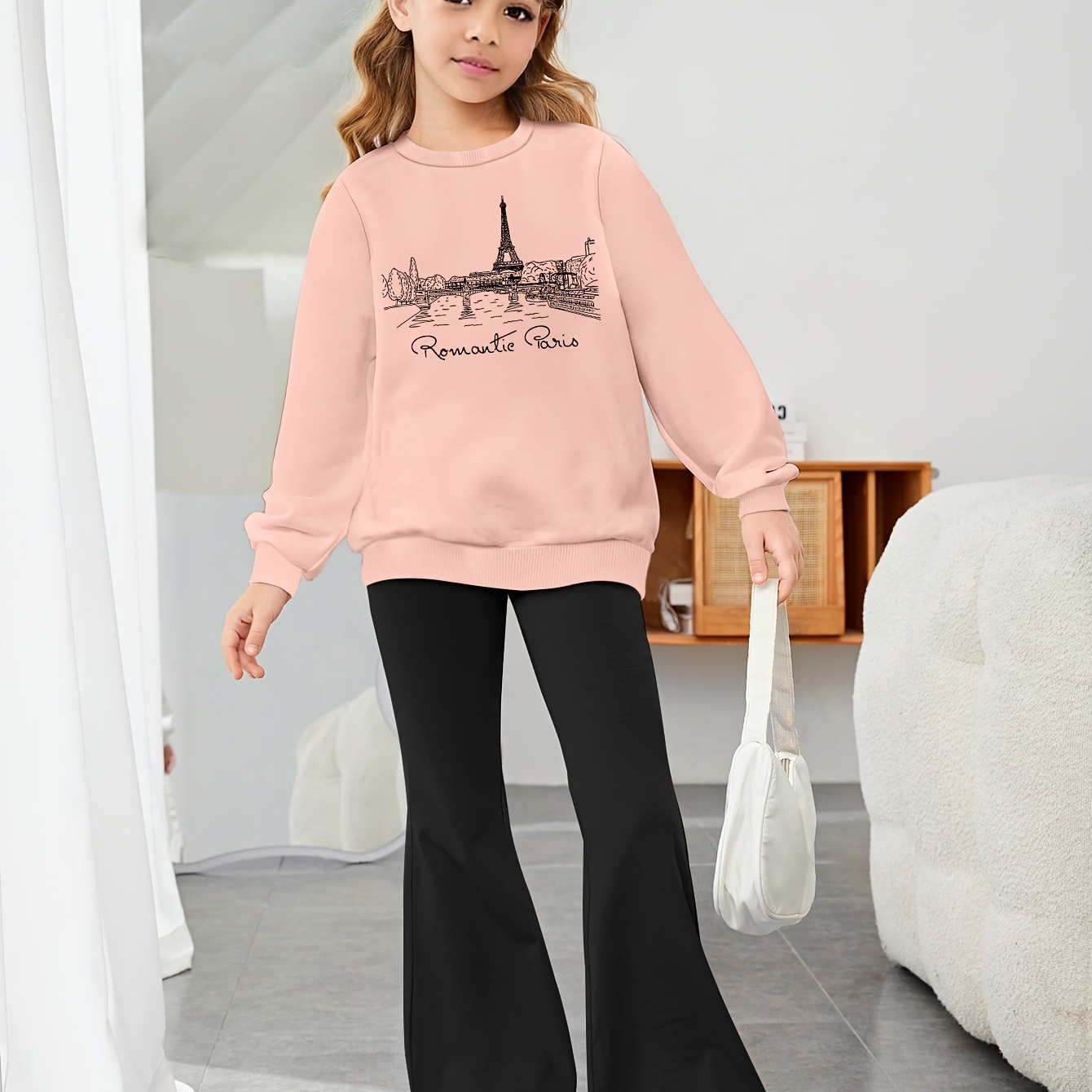 

Creative City Print Girl's 2pcs Fashion Casual Set, Long Sleeve Crew Neck Sweatshirt & Comfy Bell-bottom Pants, Ideal For Daily And Outdoor Wear, Autumn And Winter Set