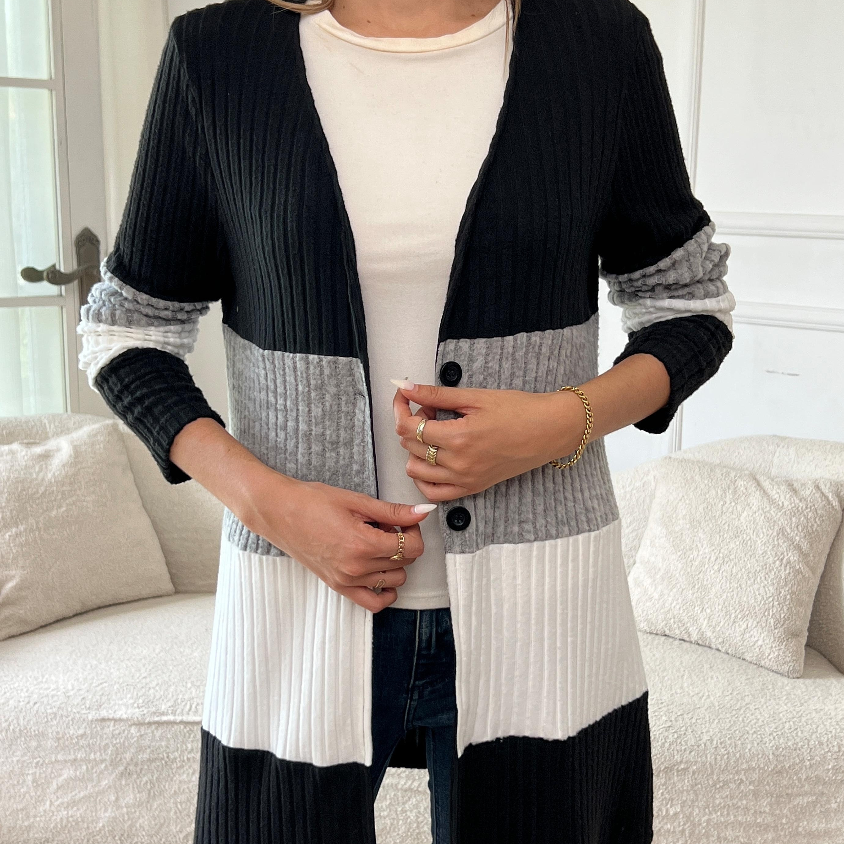 

Rib Knit Cardigan, Casual Single Breasted Long Sleeve Cardigan For Spring & Fall, Women's Clothing