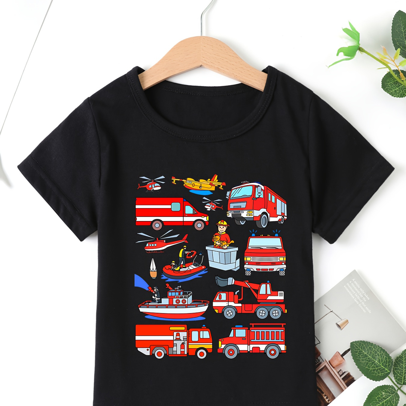

Casual Trendy Boys' Summer Top - Fire Engine Graphic Short Sleeve V Neck T-shirt - Street Outing Tee Tops Gift